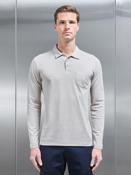 Mercerised Pique Long Sleeve Button Polo Shirt in Stone