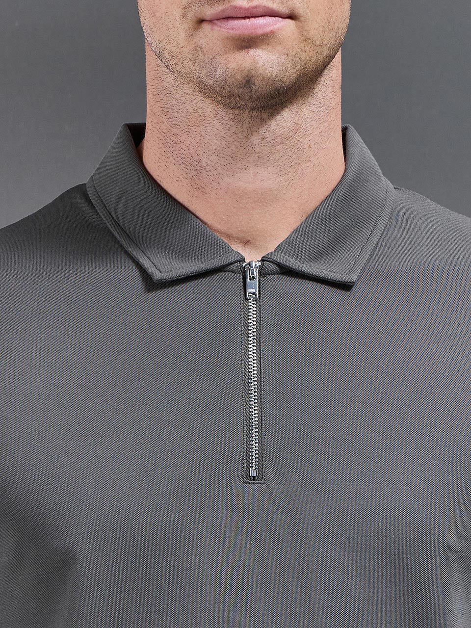 Mercerised Pique Zip Polo Shirt in Grey