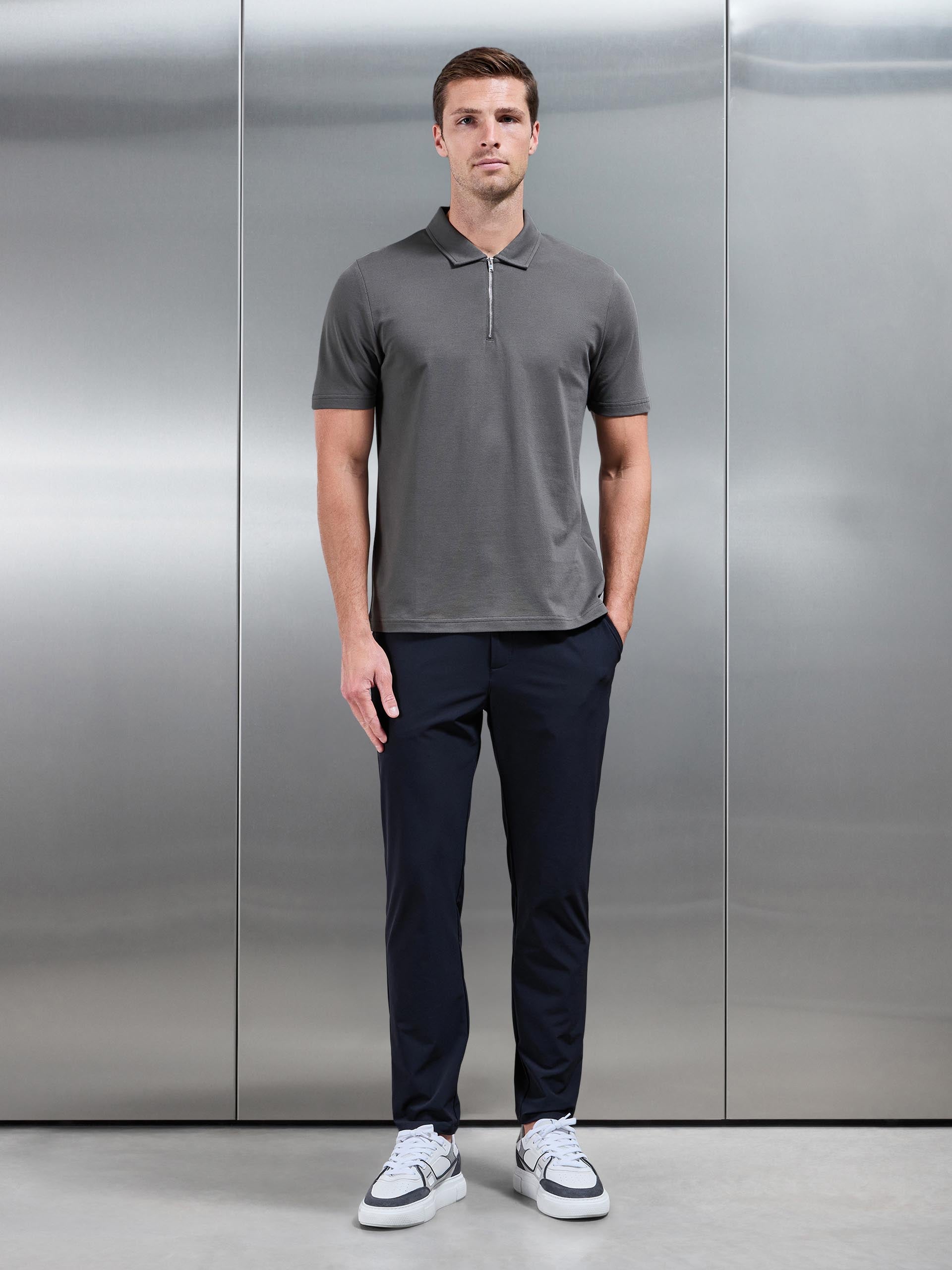Mercerised Pique Zip Polo Shirt in Grey