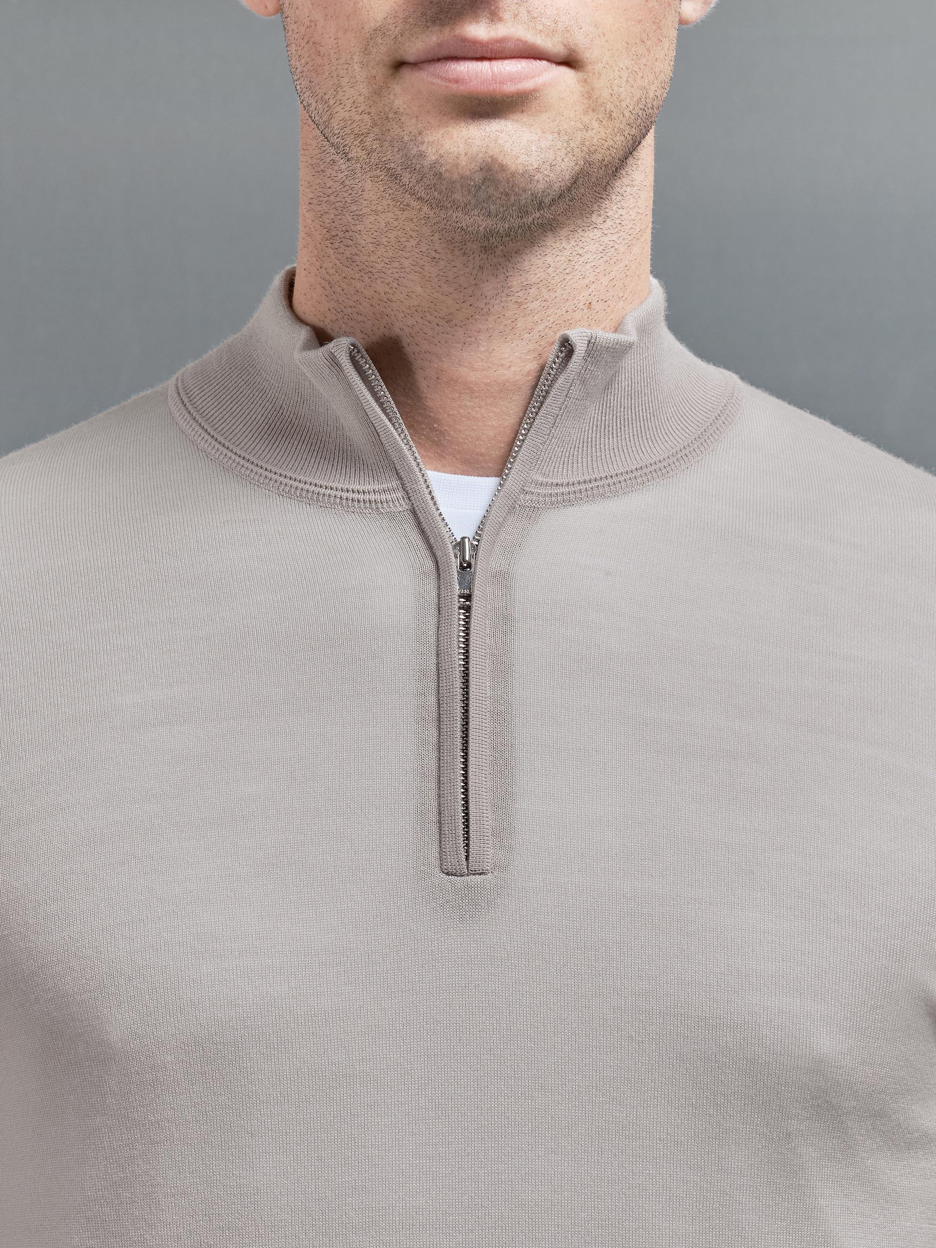 Merino Wool Half Zip Funnel Neck in Stone