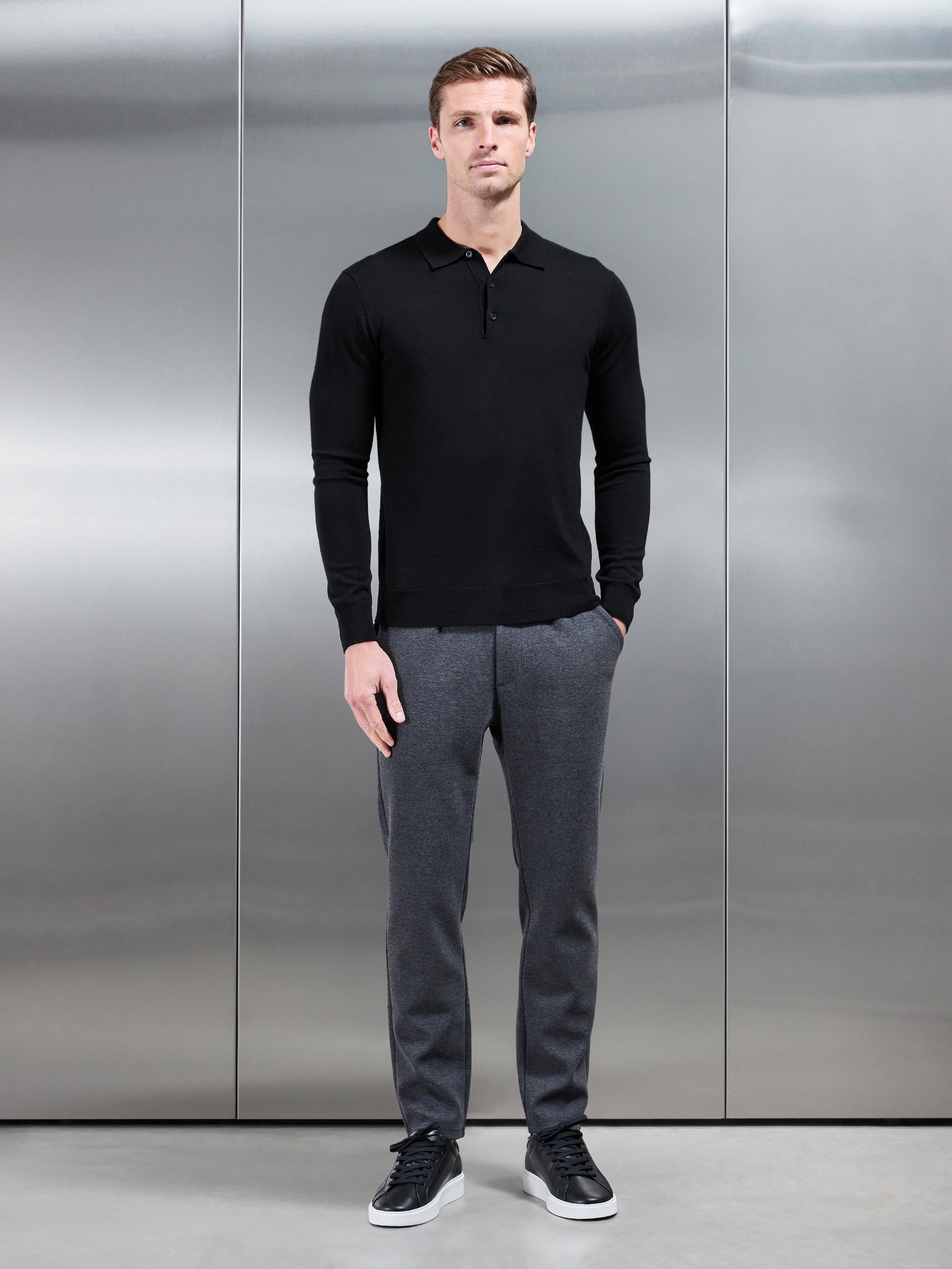 Merino Wool Long Sleeve Button Polo Shirt In Black