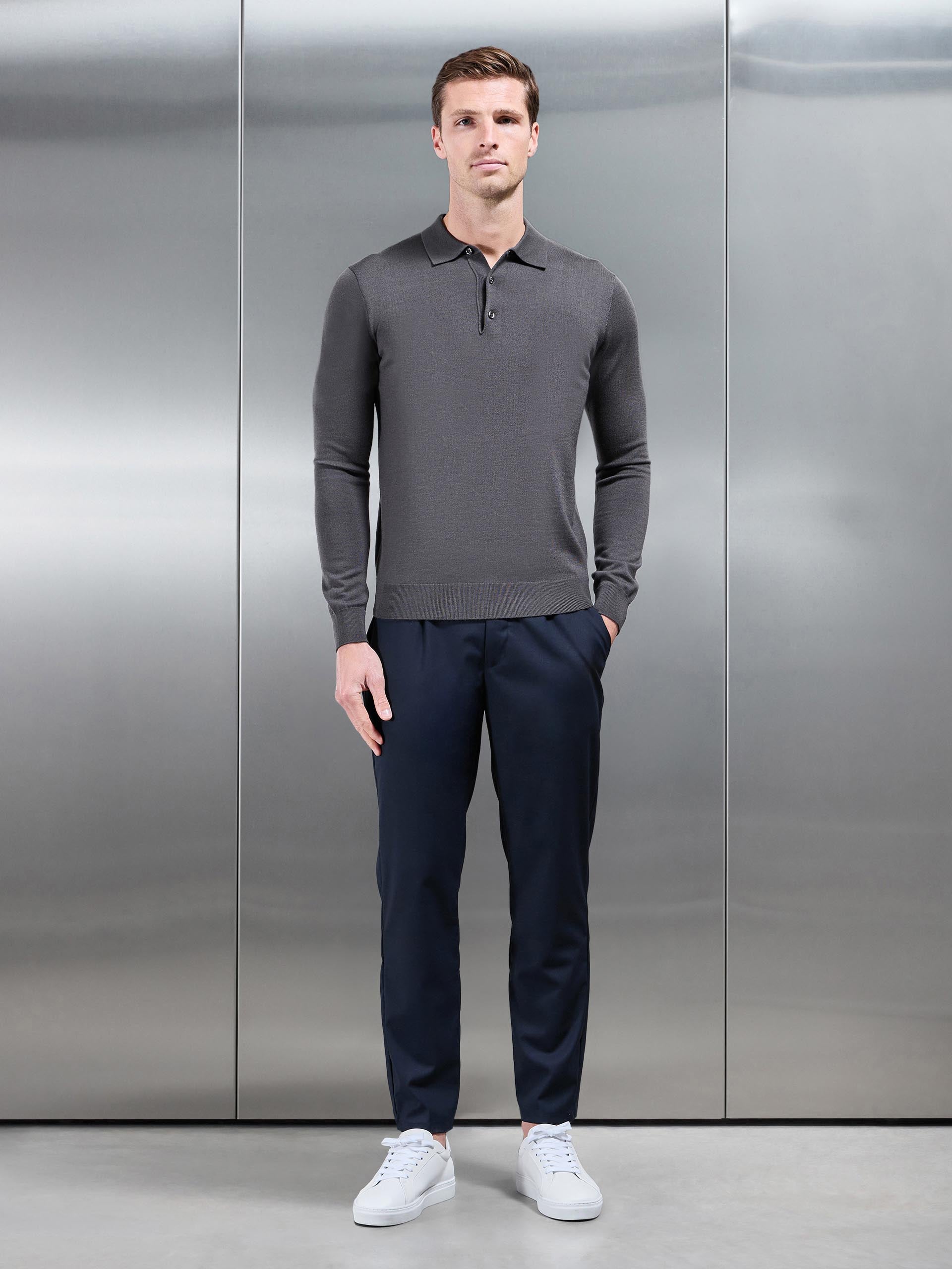 Merino Wool Long Sleeve Button Polo Shirt in Grey