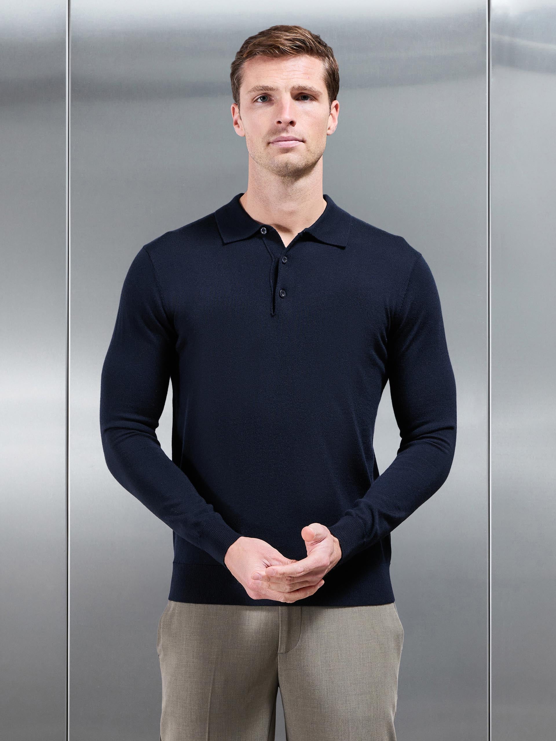 Merino Wool Long Sleeve Button Polo Shirt In Navy
