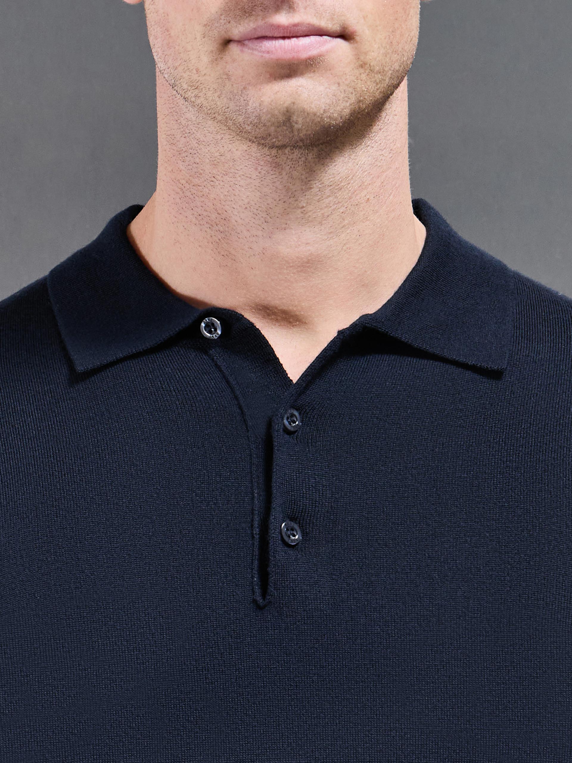 Merino Wool Long Sleeve Button Polo Shirt In Navy