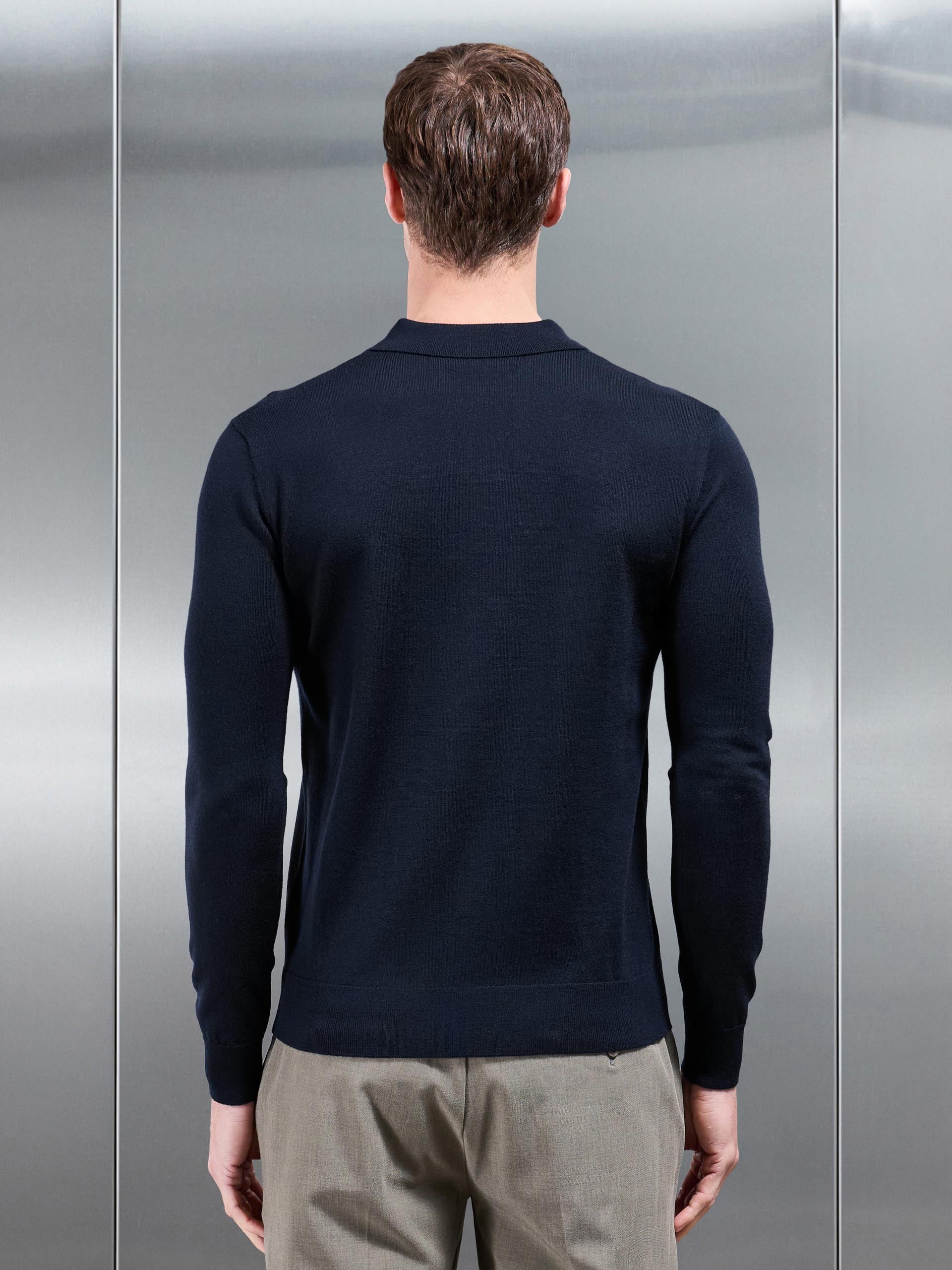 Merino Wool Long Sleeve Button Polo Shirt In Navy