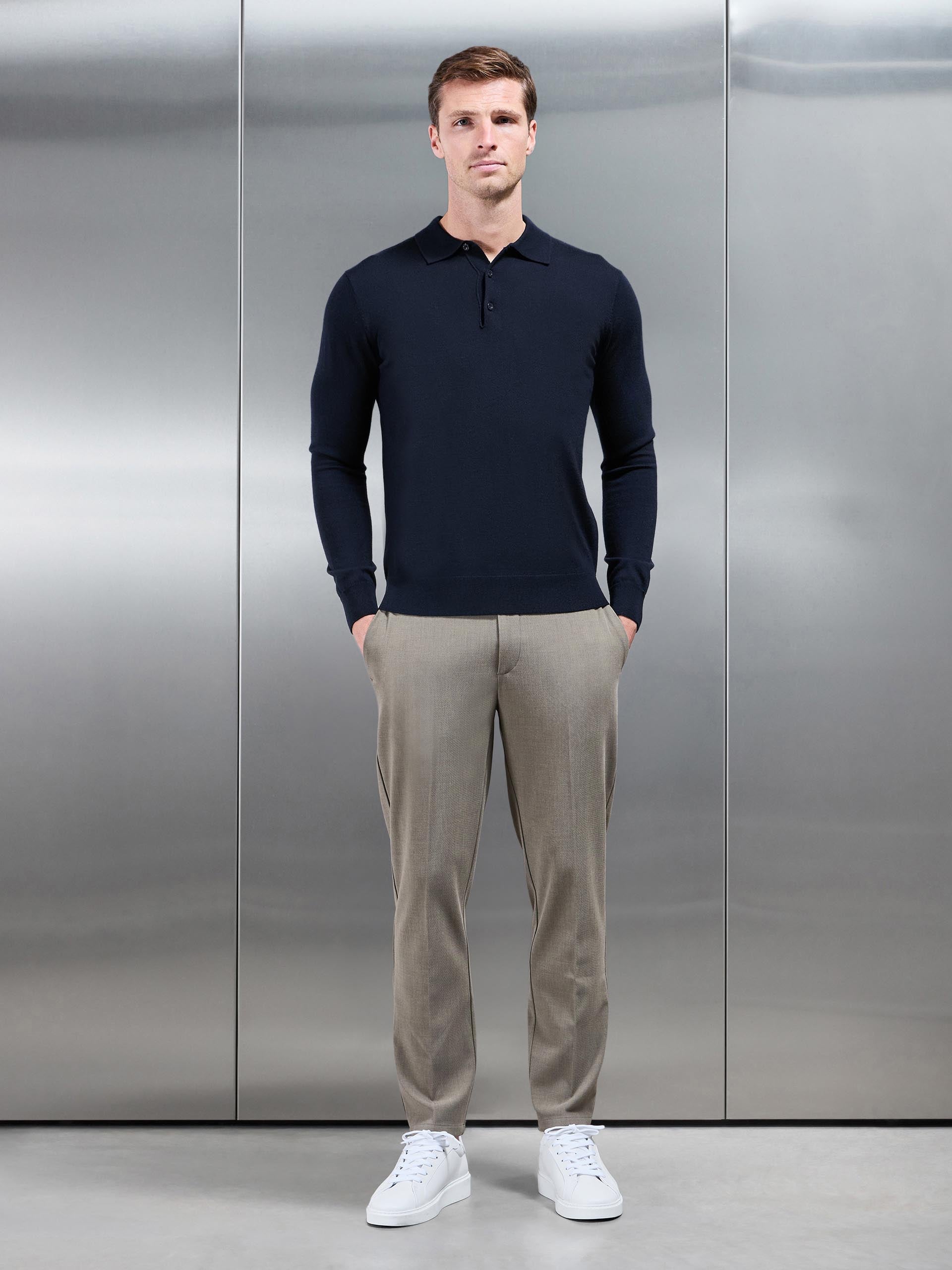 Merino Wool Long Sleeve Button Polo Shirt In Navy