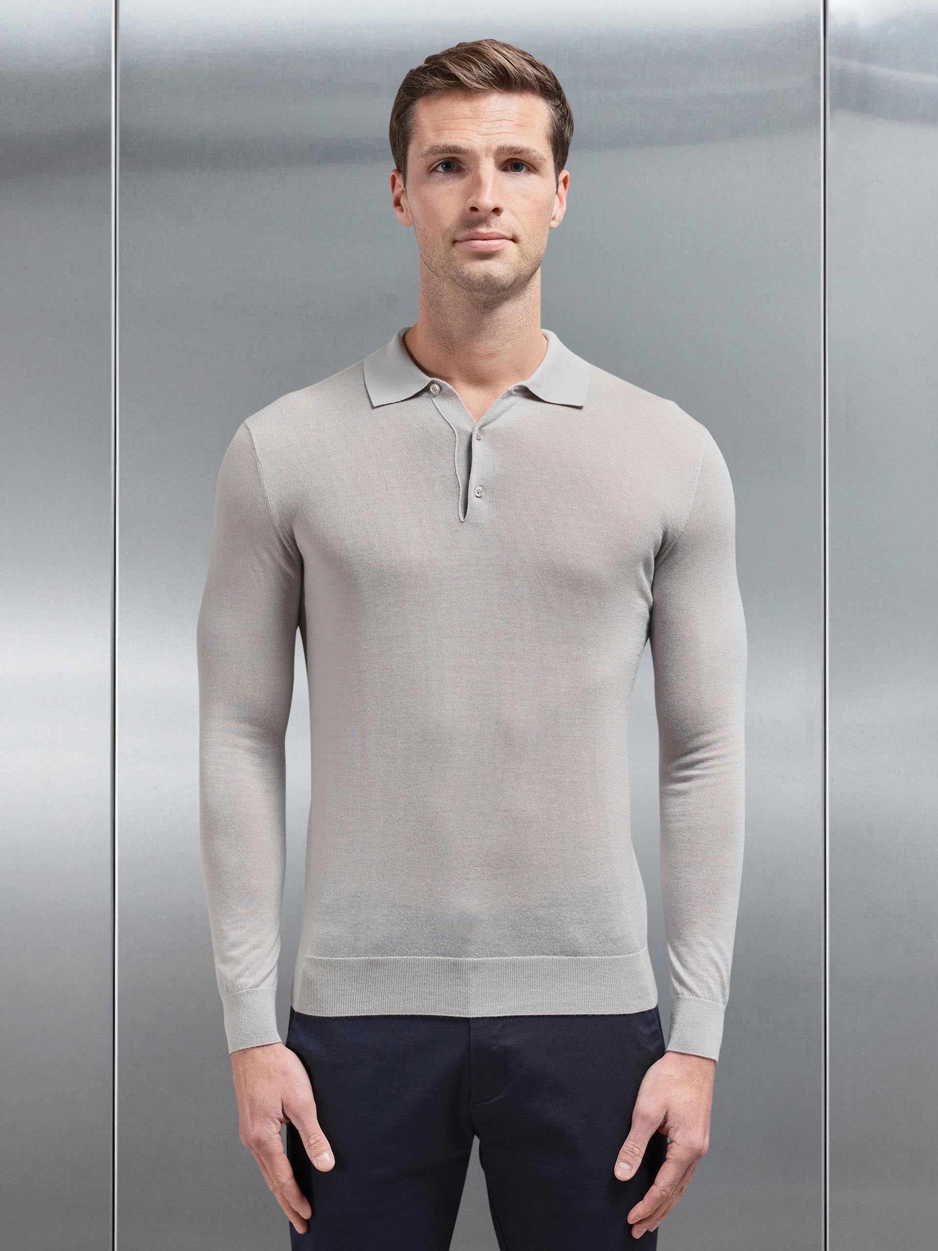 Merino Wool Button Polo Shirt in Stone