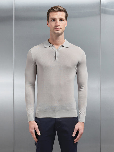 Merino Wool Long Sleeve Button Polo Shirt in Stone