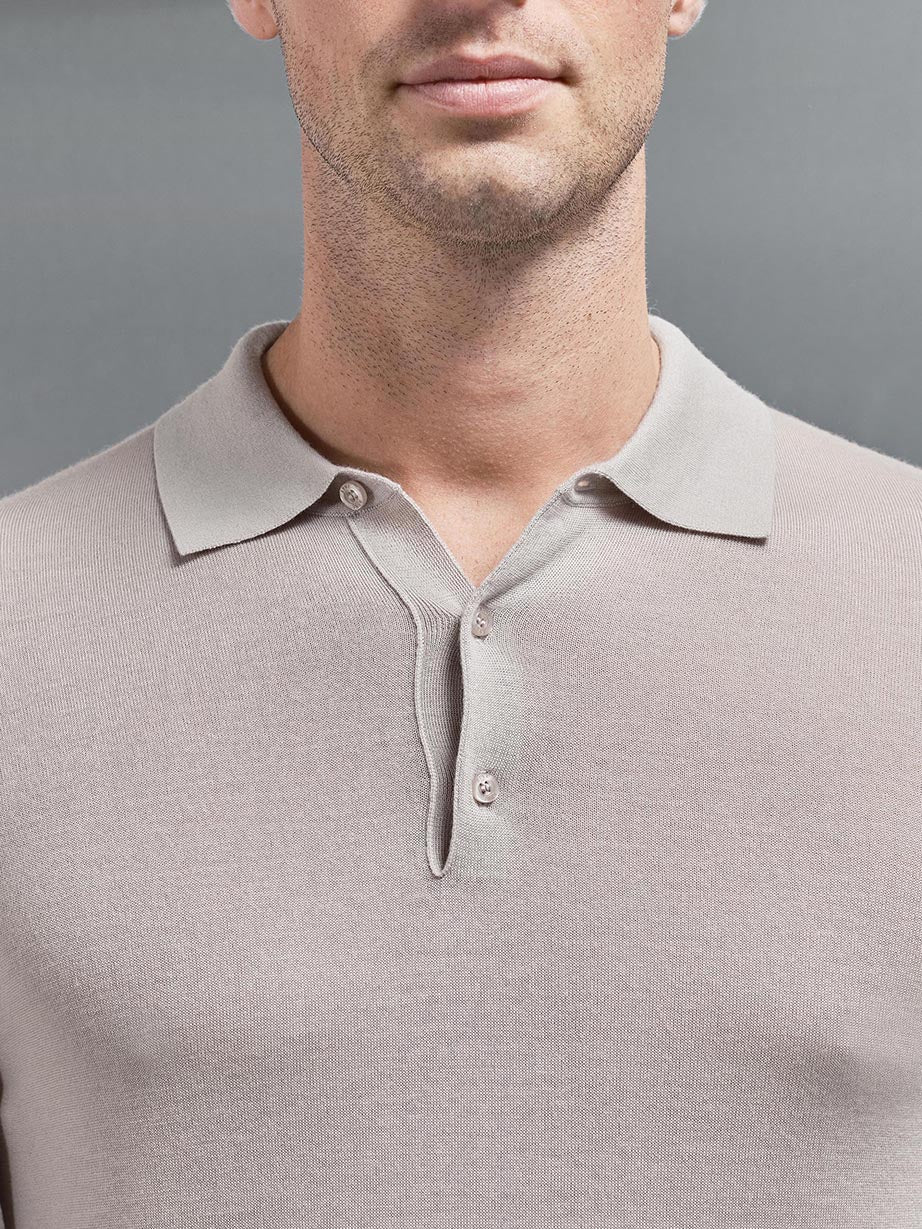 Merino Wool Button Polo Shirt in Stone