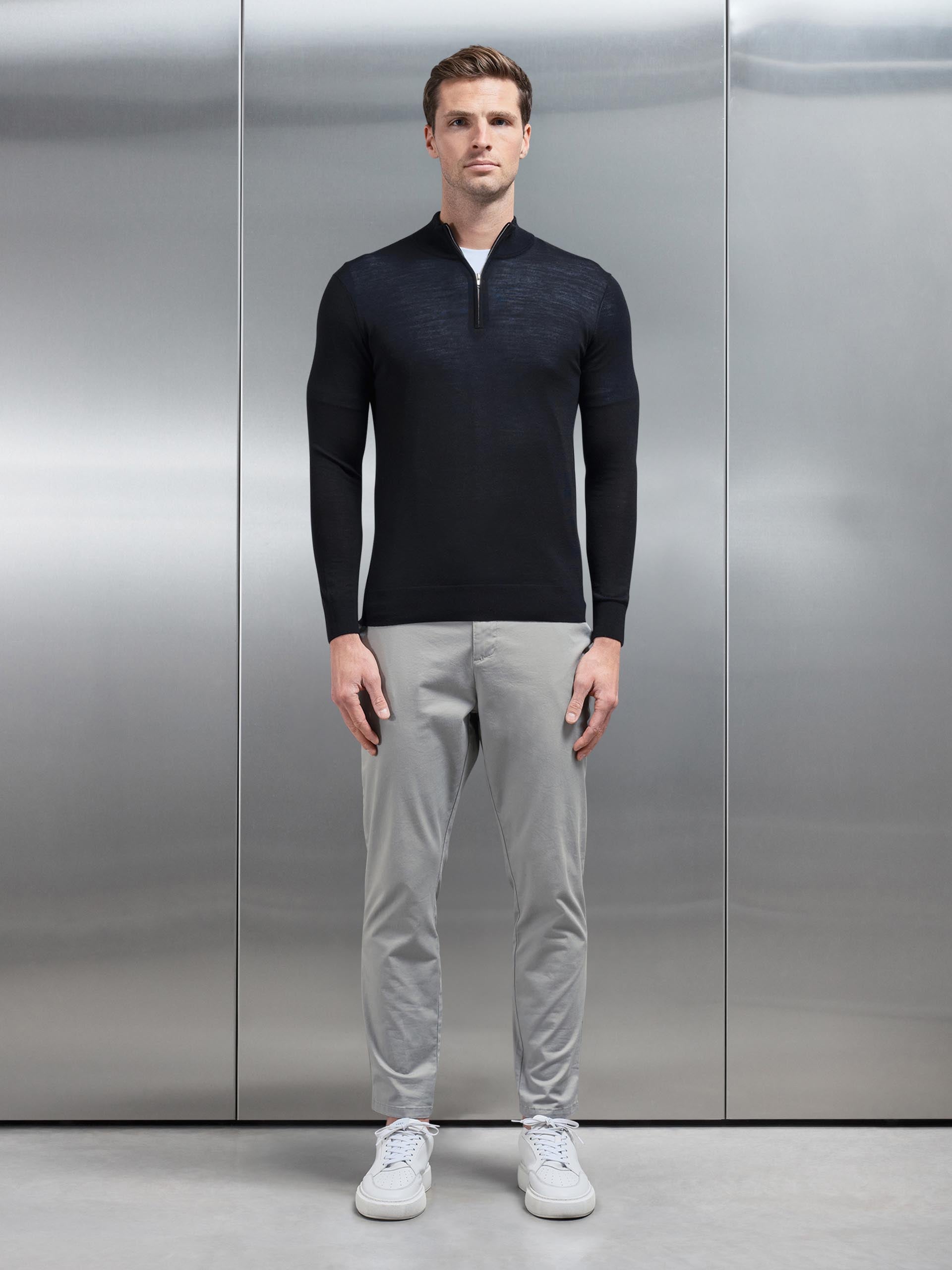 Merino Wool Half Zip Funnel Neck in Black
