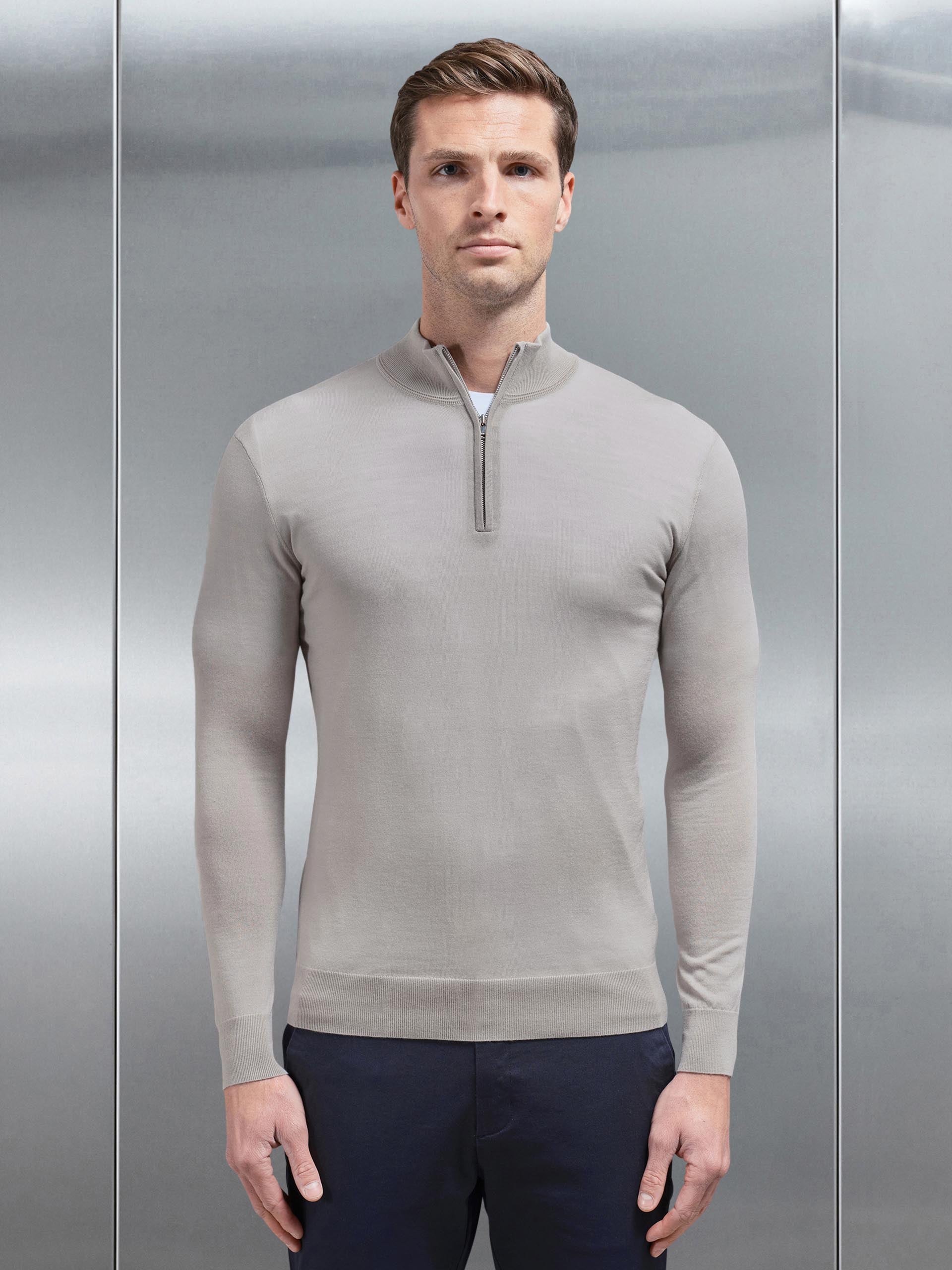 Merino Wool Half Zip Funnel Neck in Stone