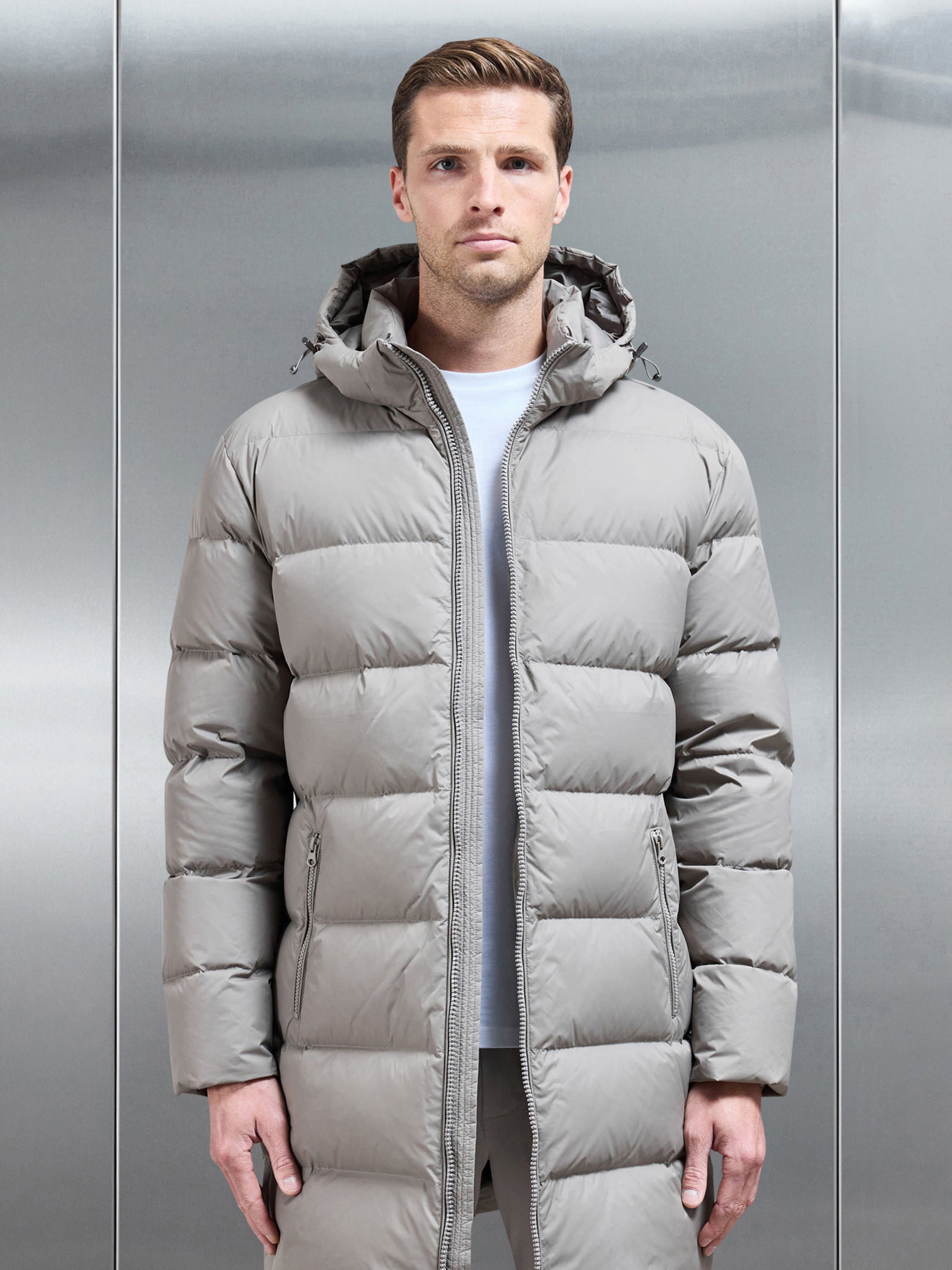 Mid Length Down Jacket in Taupe