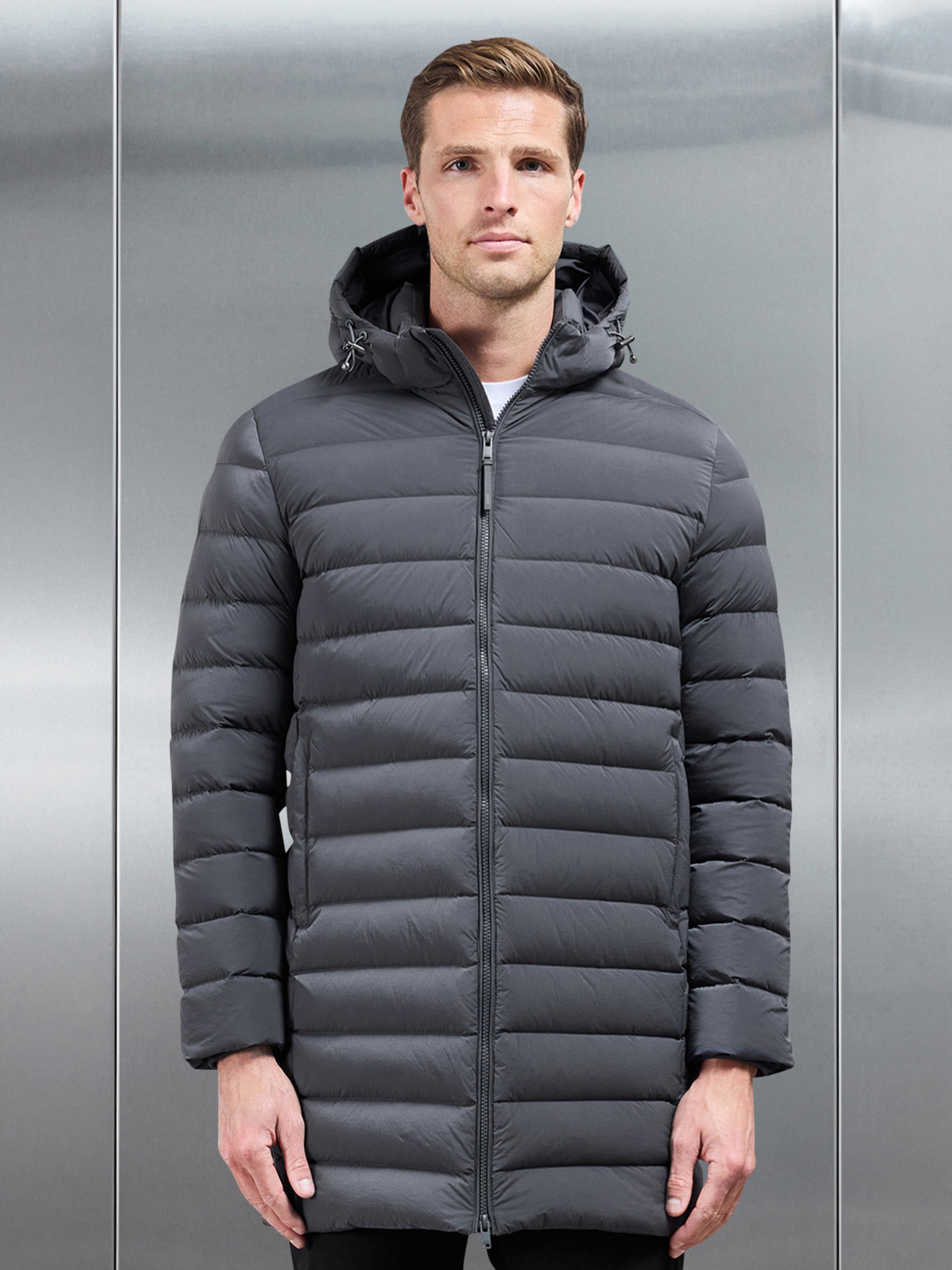 Mid Length Technical Down Jacket in Grey