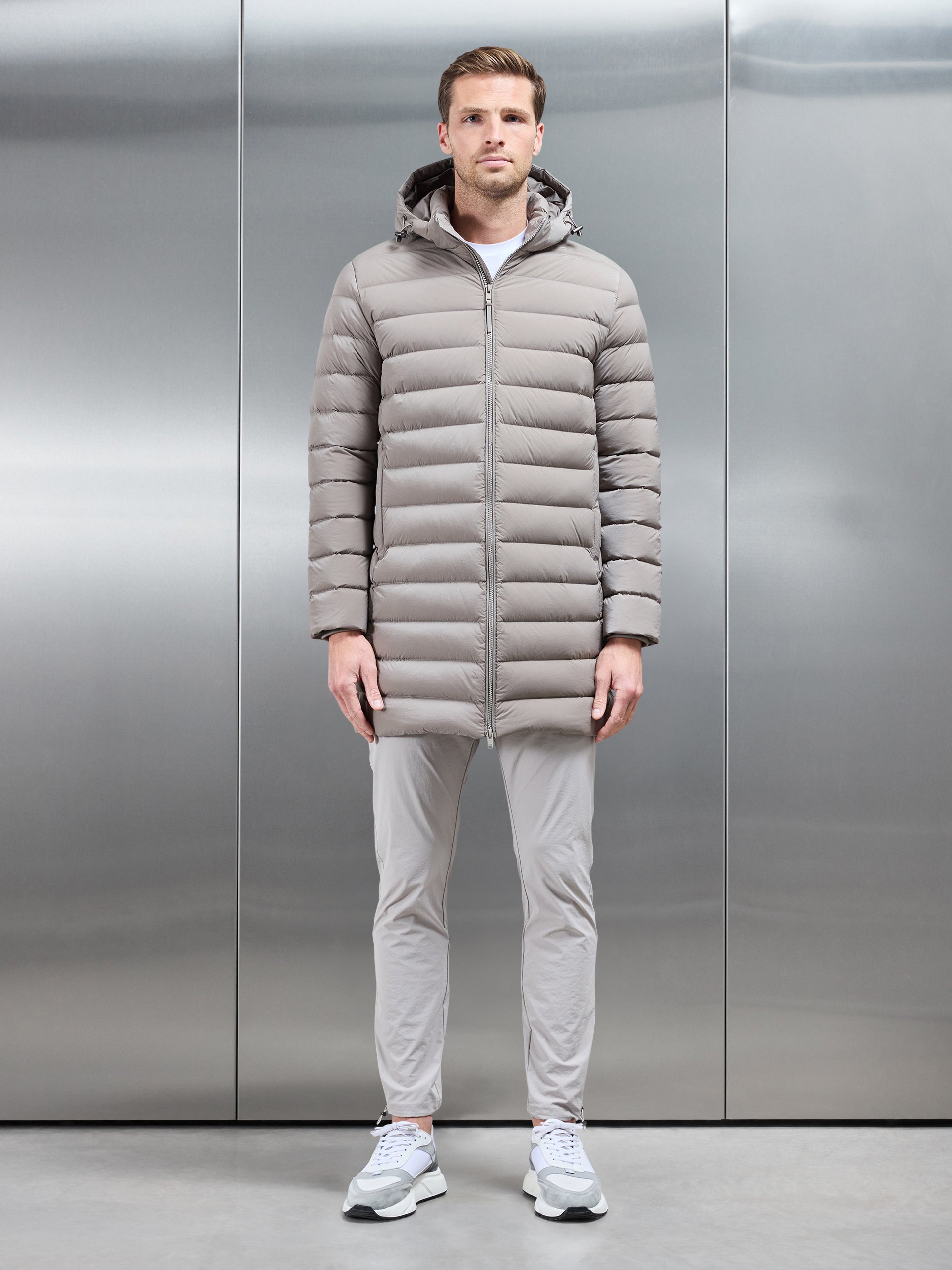 Mid Length Technical Down Jacket in Taupe