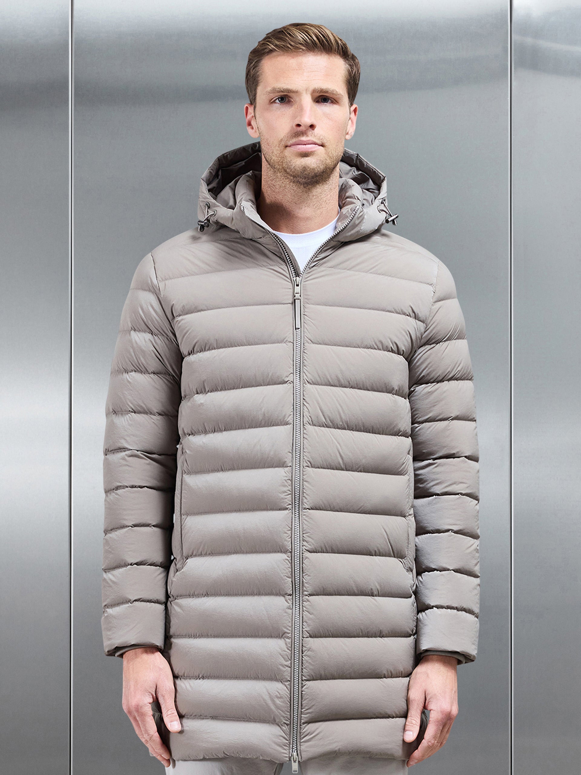 Mid Length Technical Down Jacket in Taupe