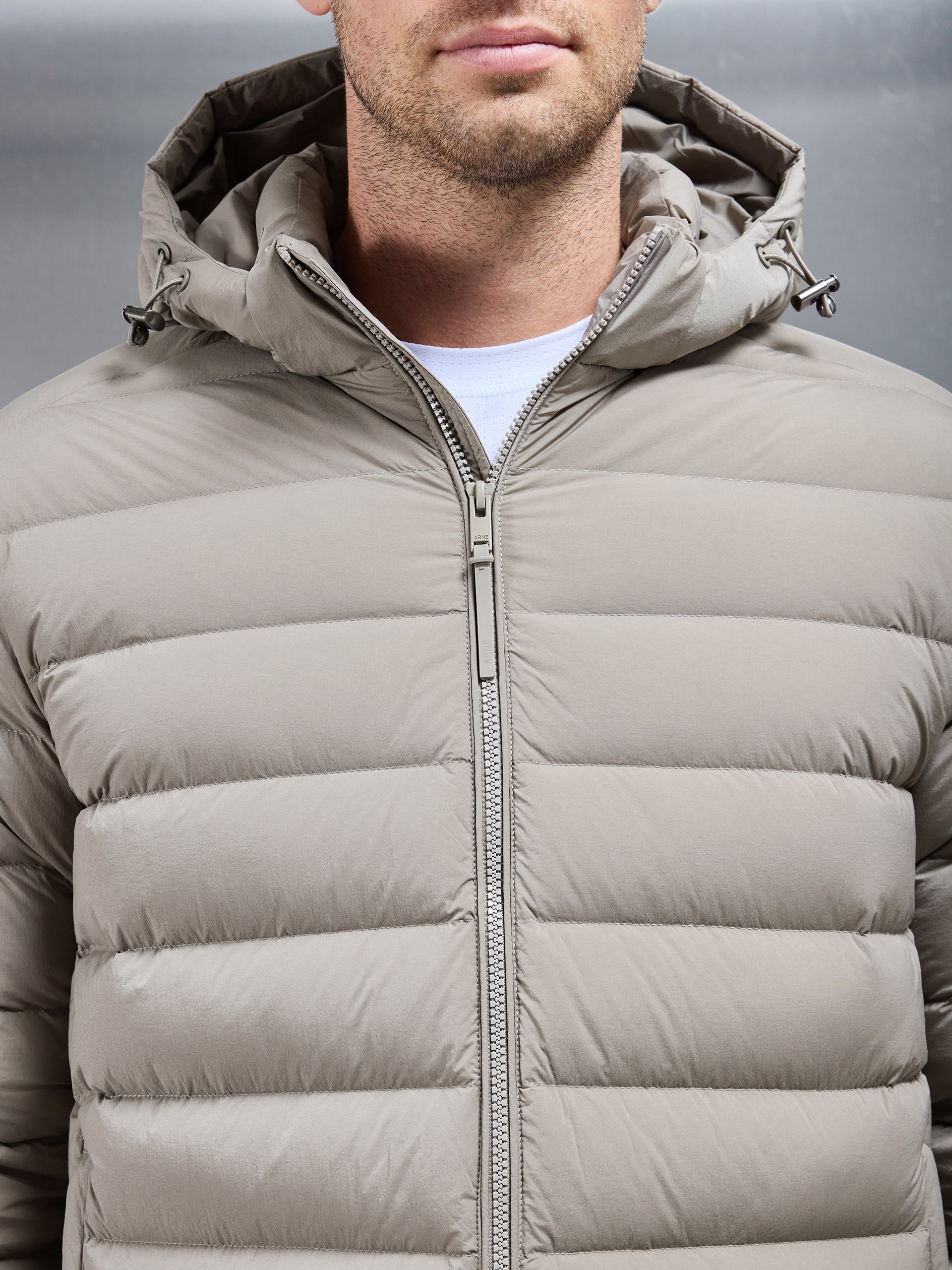 Mid Length Technical Down Jacket in Taupe
