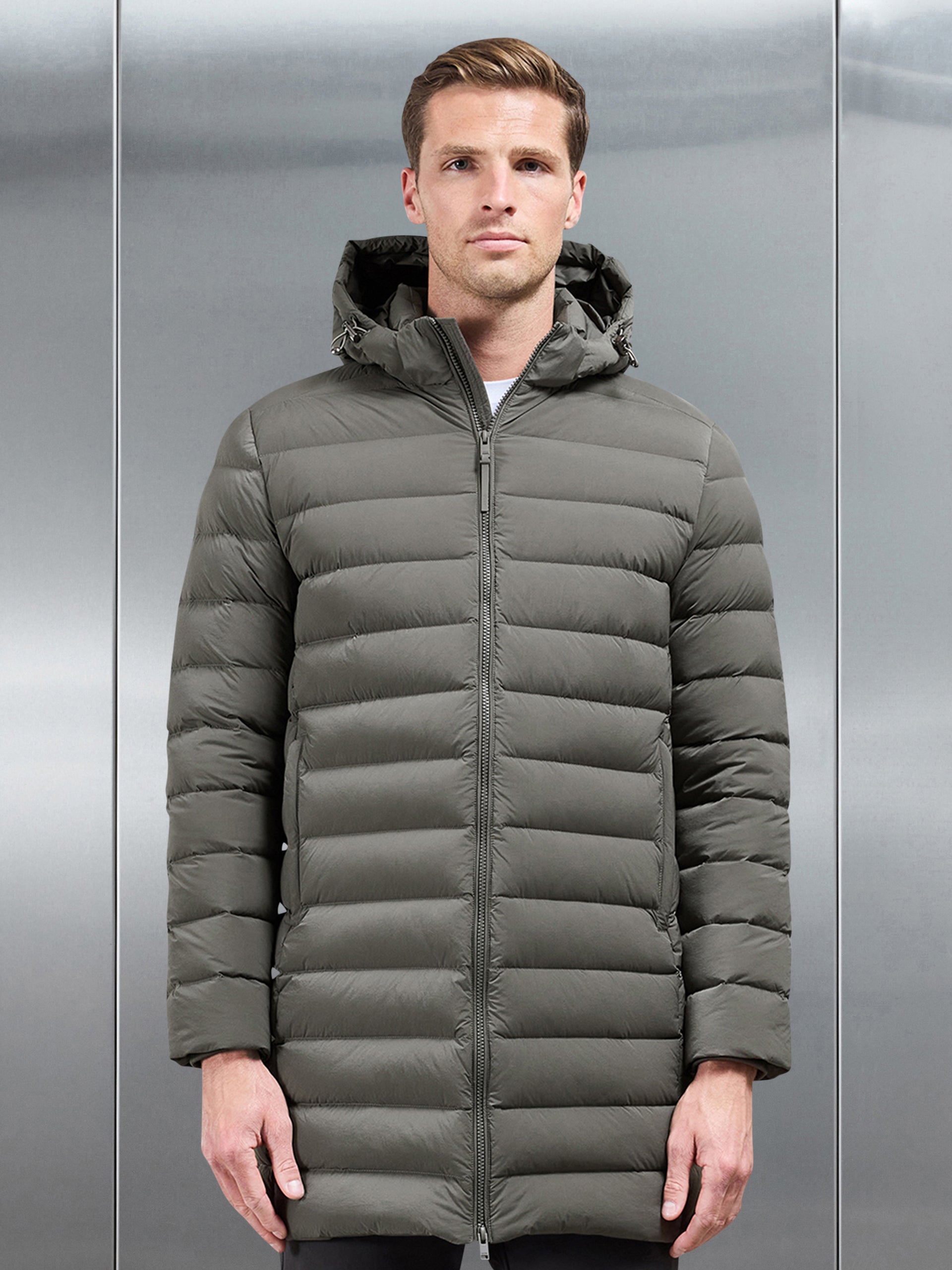 Mid Length Technical Down Jacket in Olive