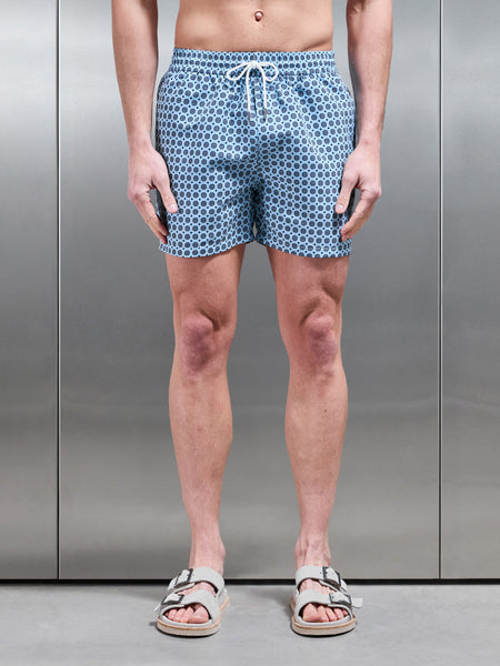 Mosaic Print Drawstring Swim Short in Light Blue