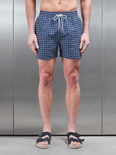 Mosaic Print Drawstring Swim Short in Navy