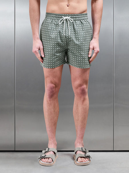 Mosaic Print Drawstring Swim Short in Sage