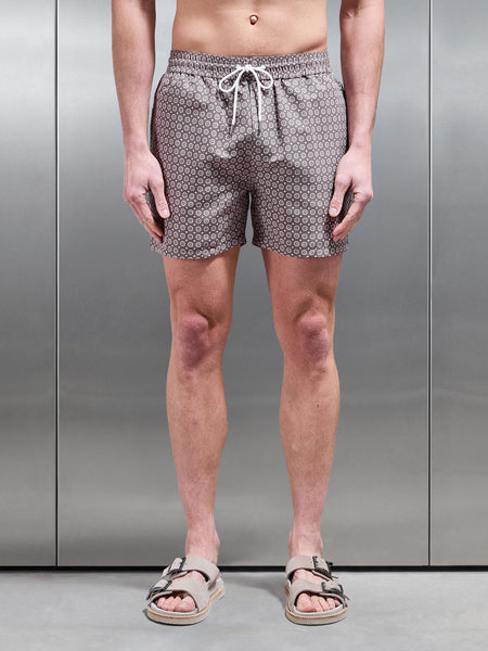Mosaic Print Drawstring Swim Short in Taupe