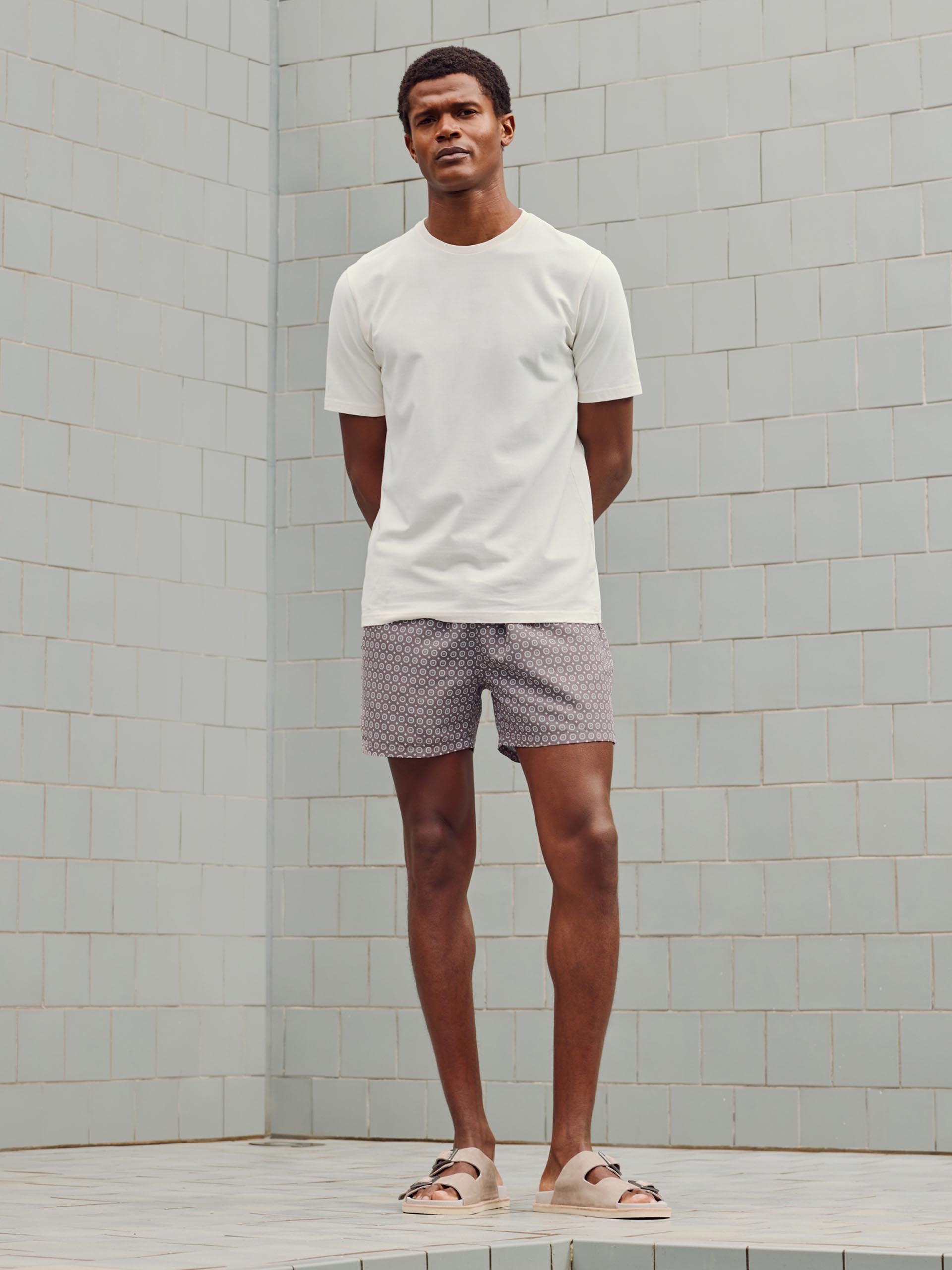 Mosaic Print Drawstring Swim Short in Taupe