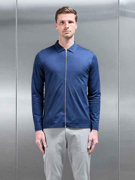 Mercerised Pique Zip Through Jacket in Navy