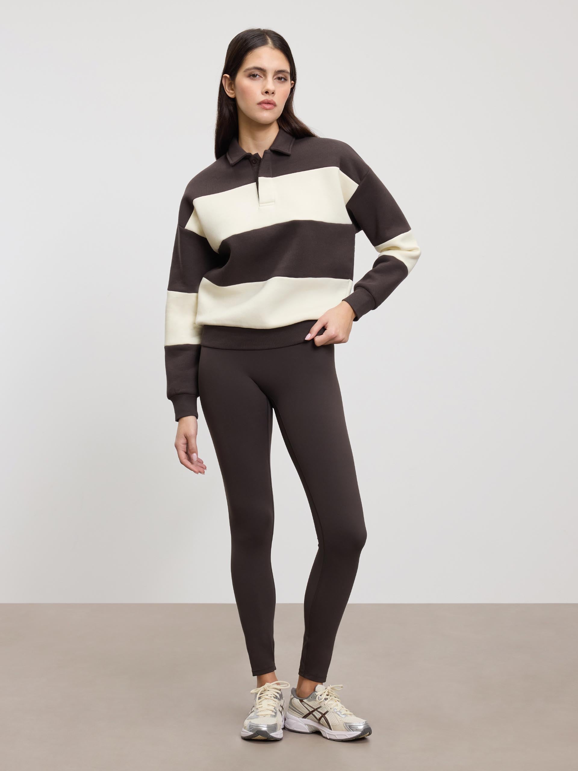 Womens Neoprene Relaxed Rugby Polo Shirt in Brown Ecru