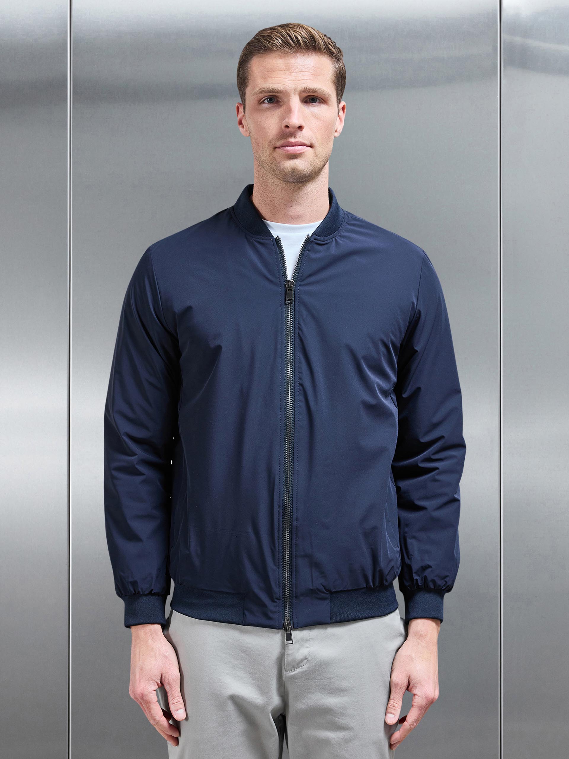Padded Nylon Bomber Jacket in Navy