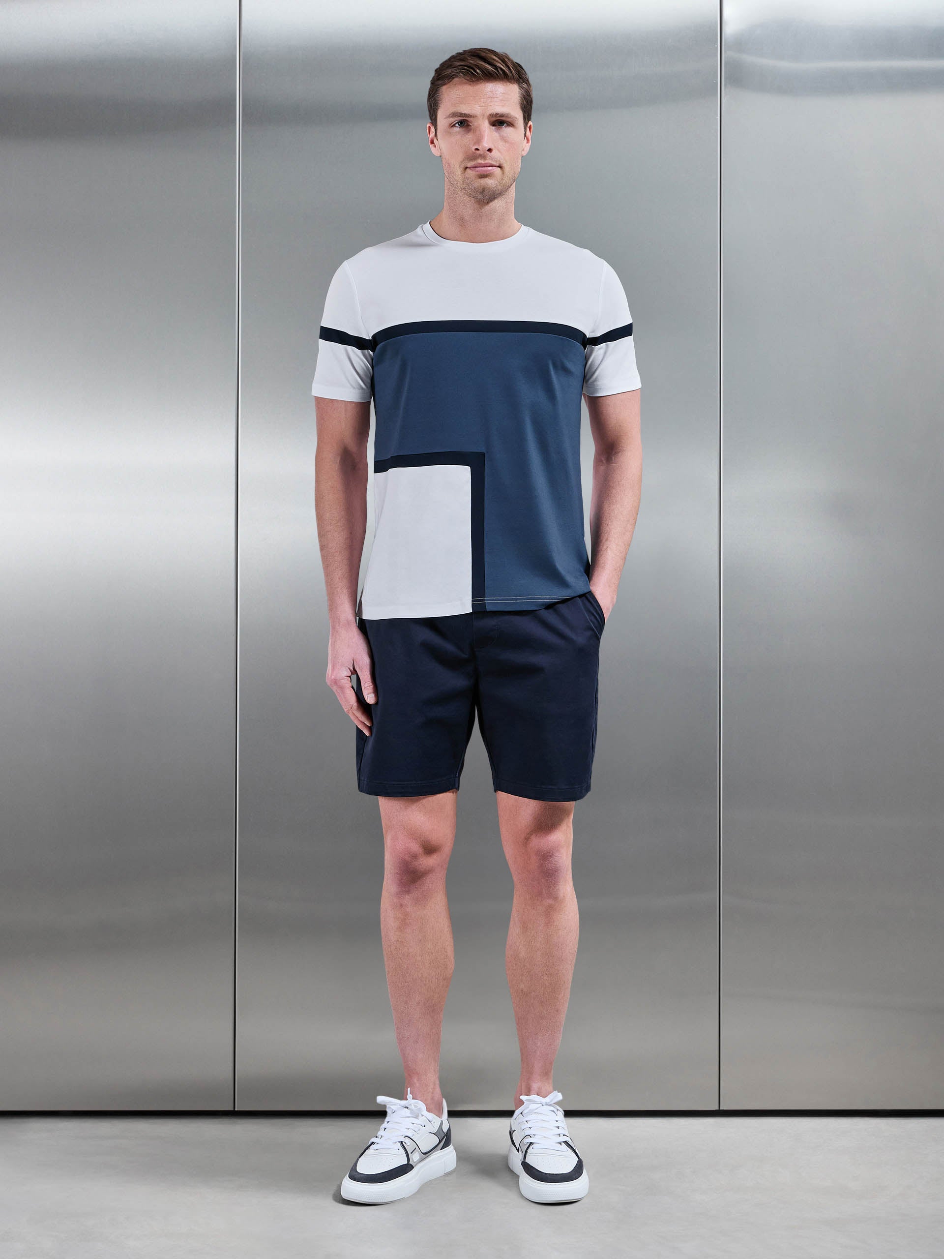 Oden Mercerised Colour Block T-Shirt in Steel Blue