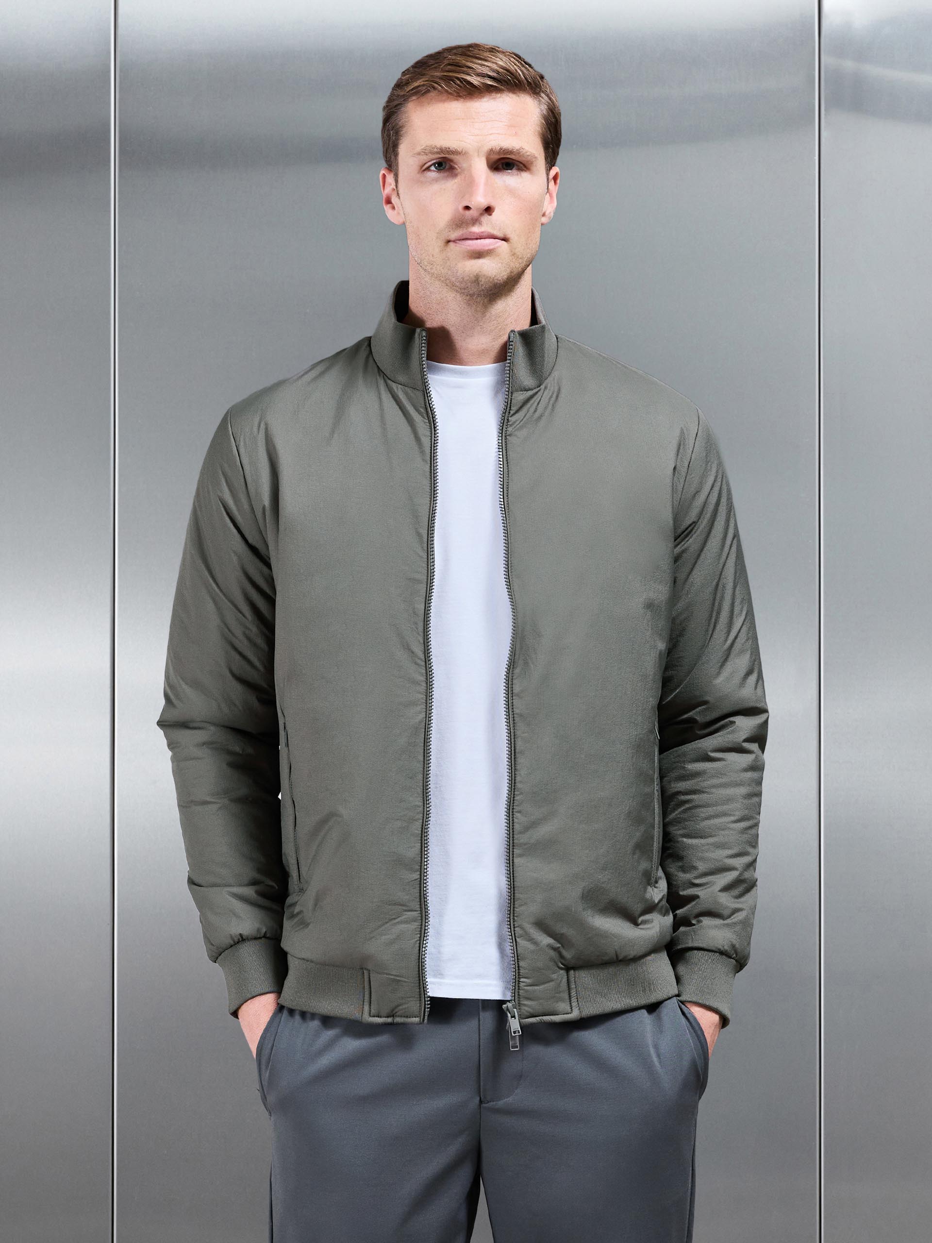 Padded Shell Funnel Neck Jacket in Olive