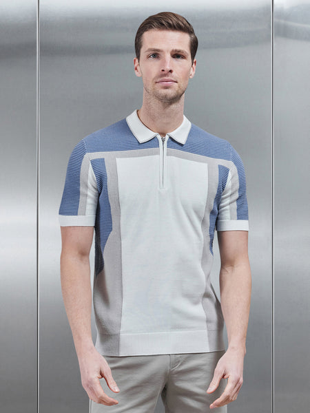 Panel Colour Block Knitted Zip Polo Shirt in Dove Blue