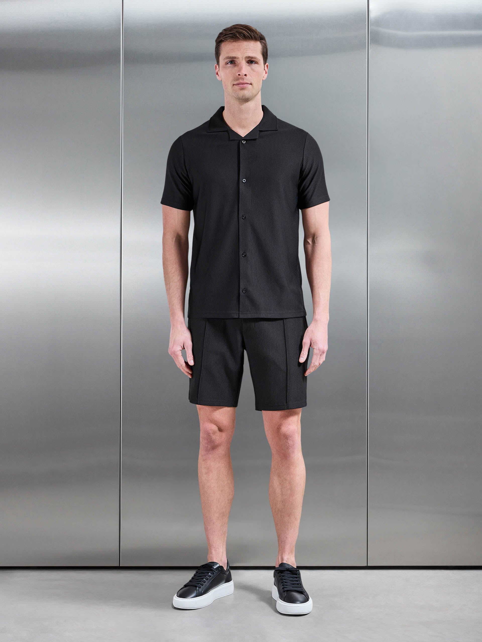 Pleated Revere Collar Shirt in Black