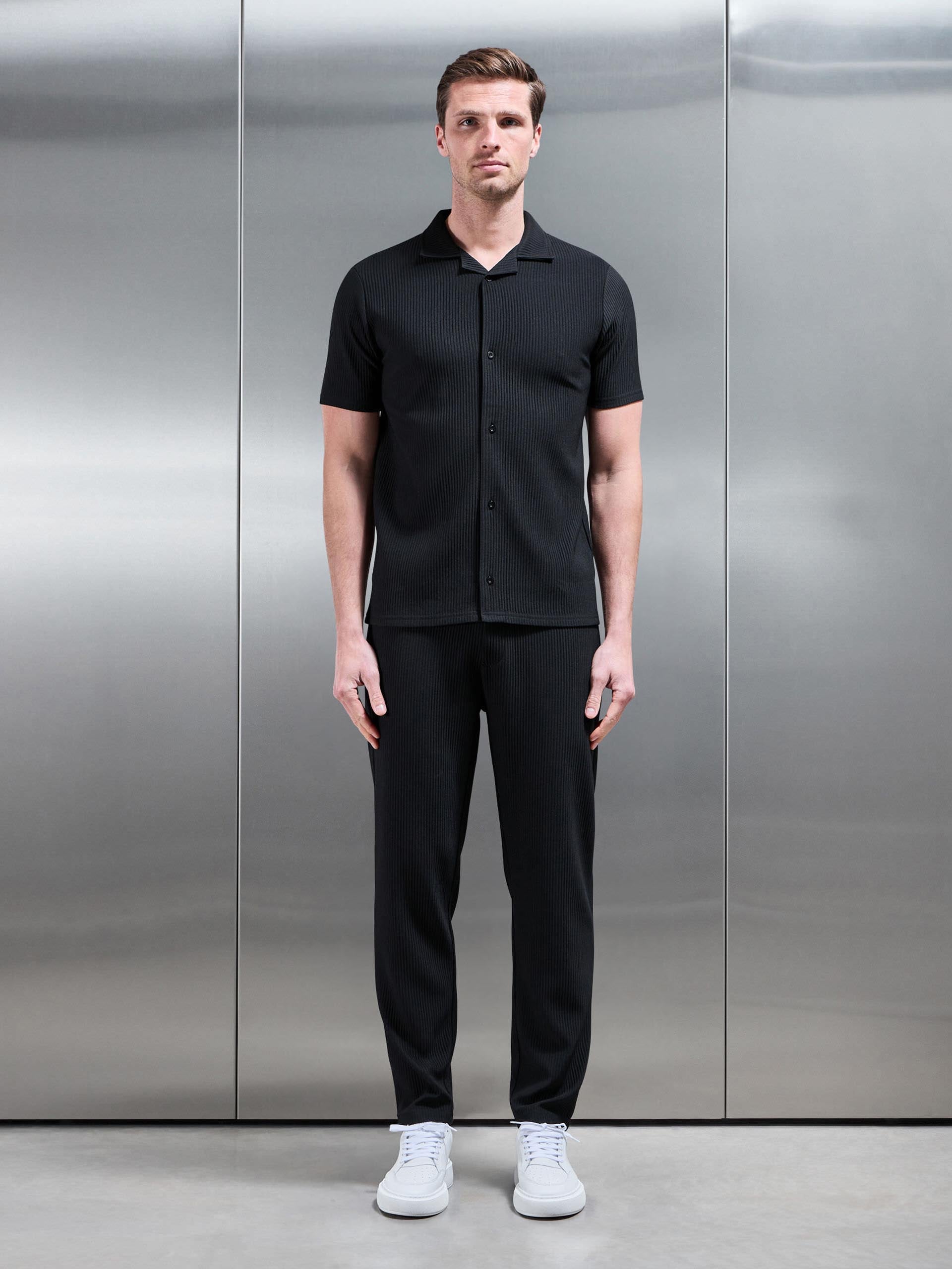 Pleated Revere Collar Shirt in Black