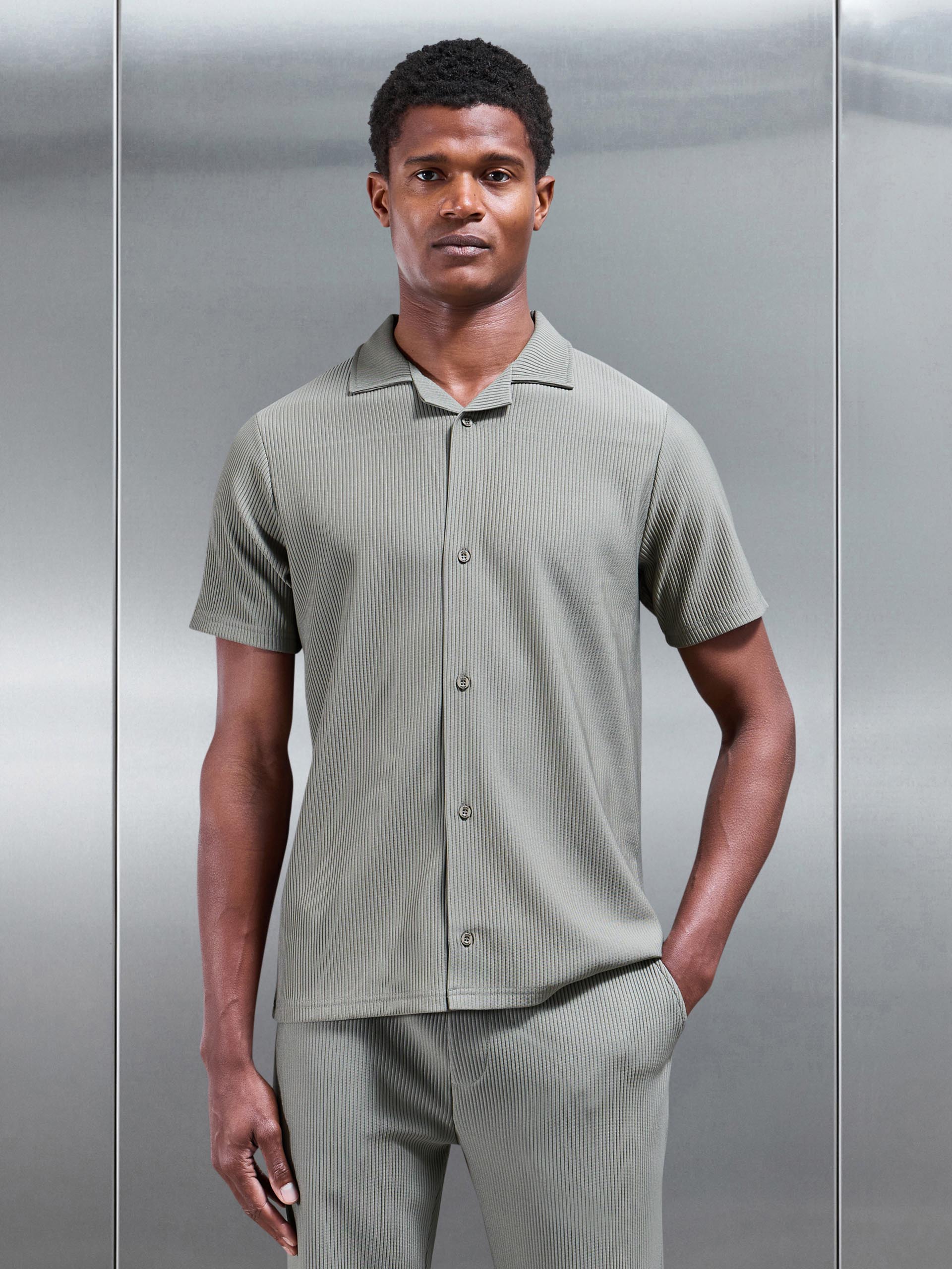 Pleated Revere Collar Shirt in Sage