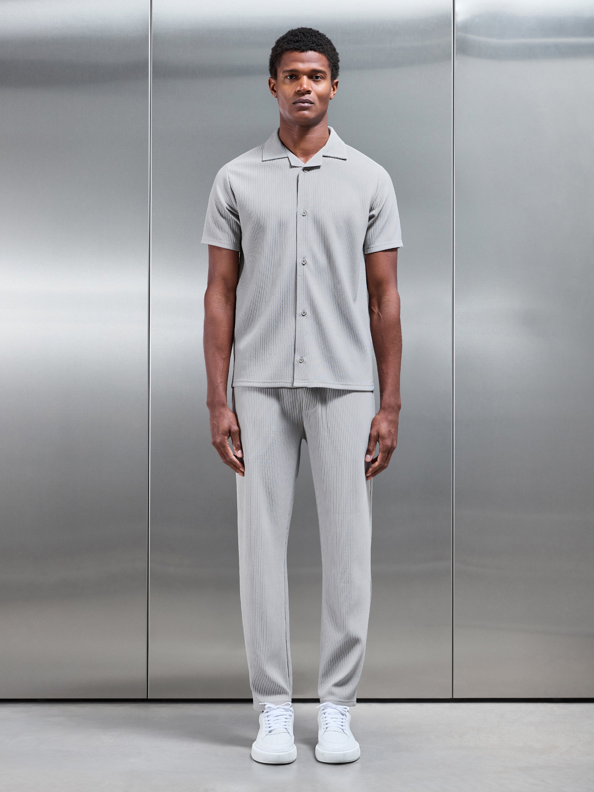 Pleated Revere Collar Shirt in Stone