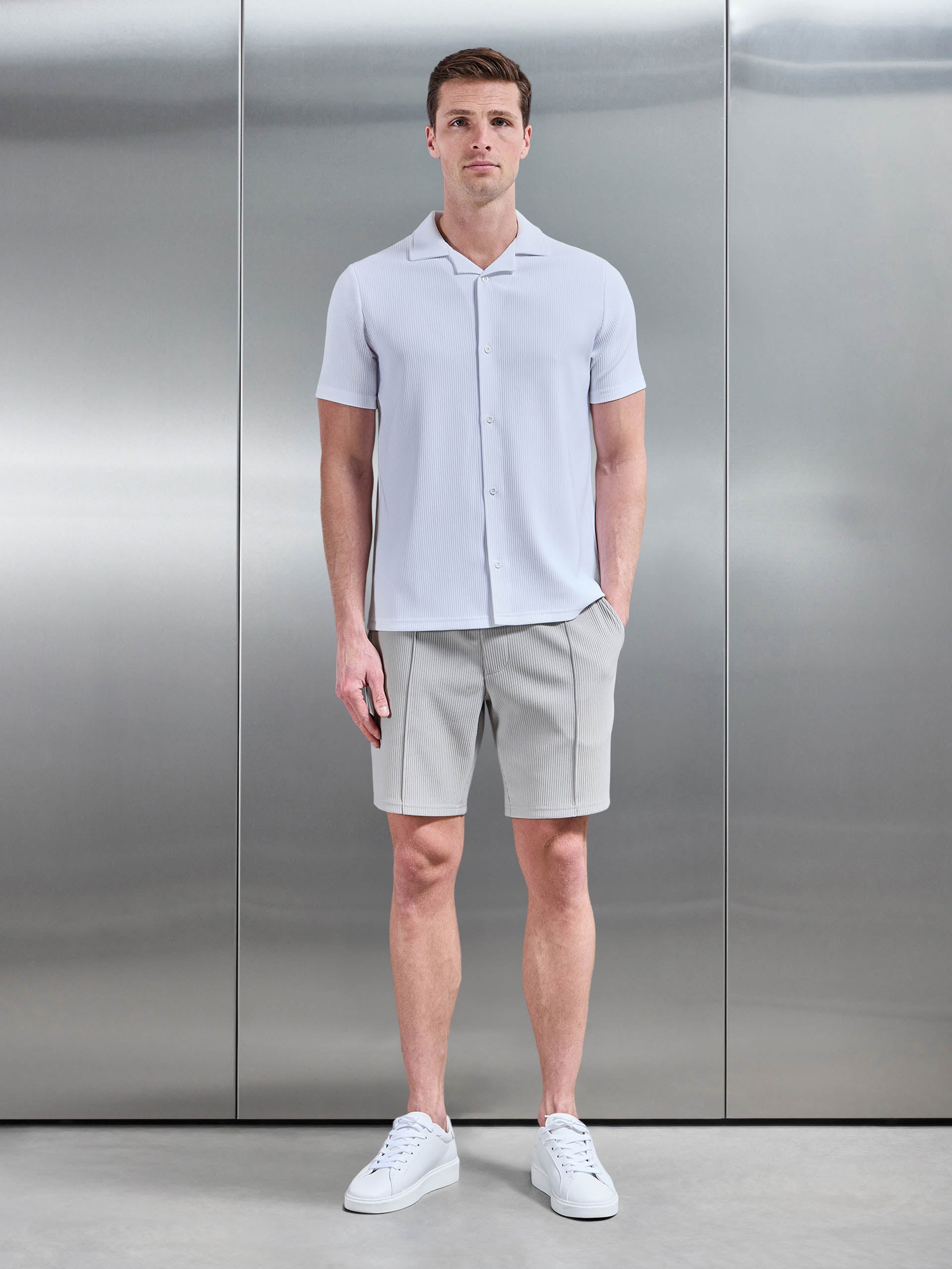 Pleated Revere Collar Shirt in White
