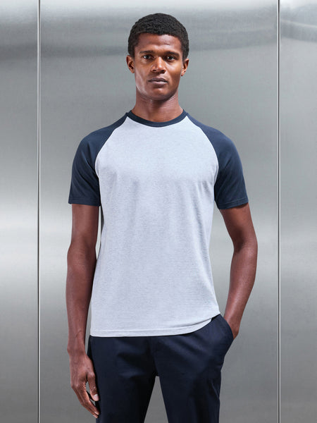 Raglan Slim Fit Stretch Cotton T-Shirt in Marl Grey