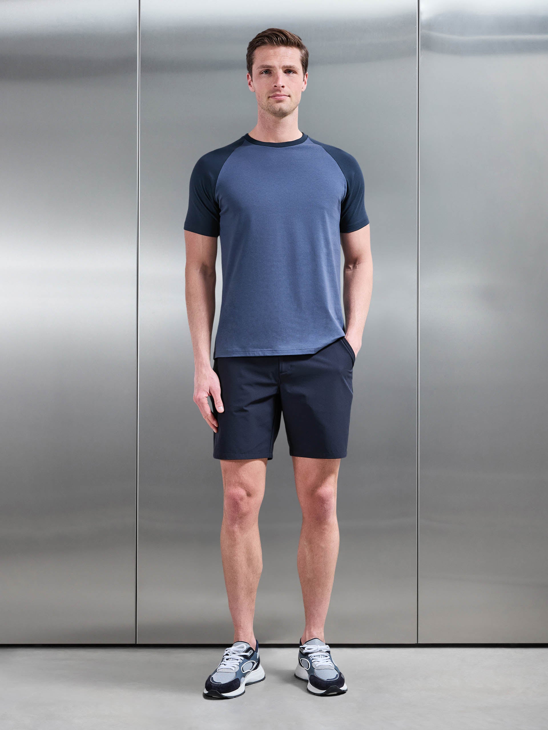 Raglan Slim Fit Stretch Cotton T-Shirt in Steel Blue Navy