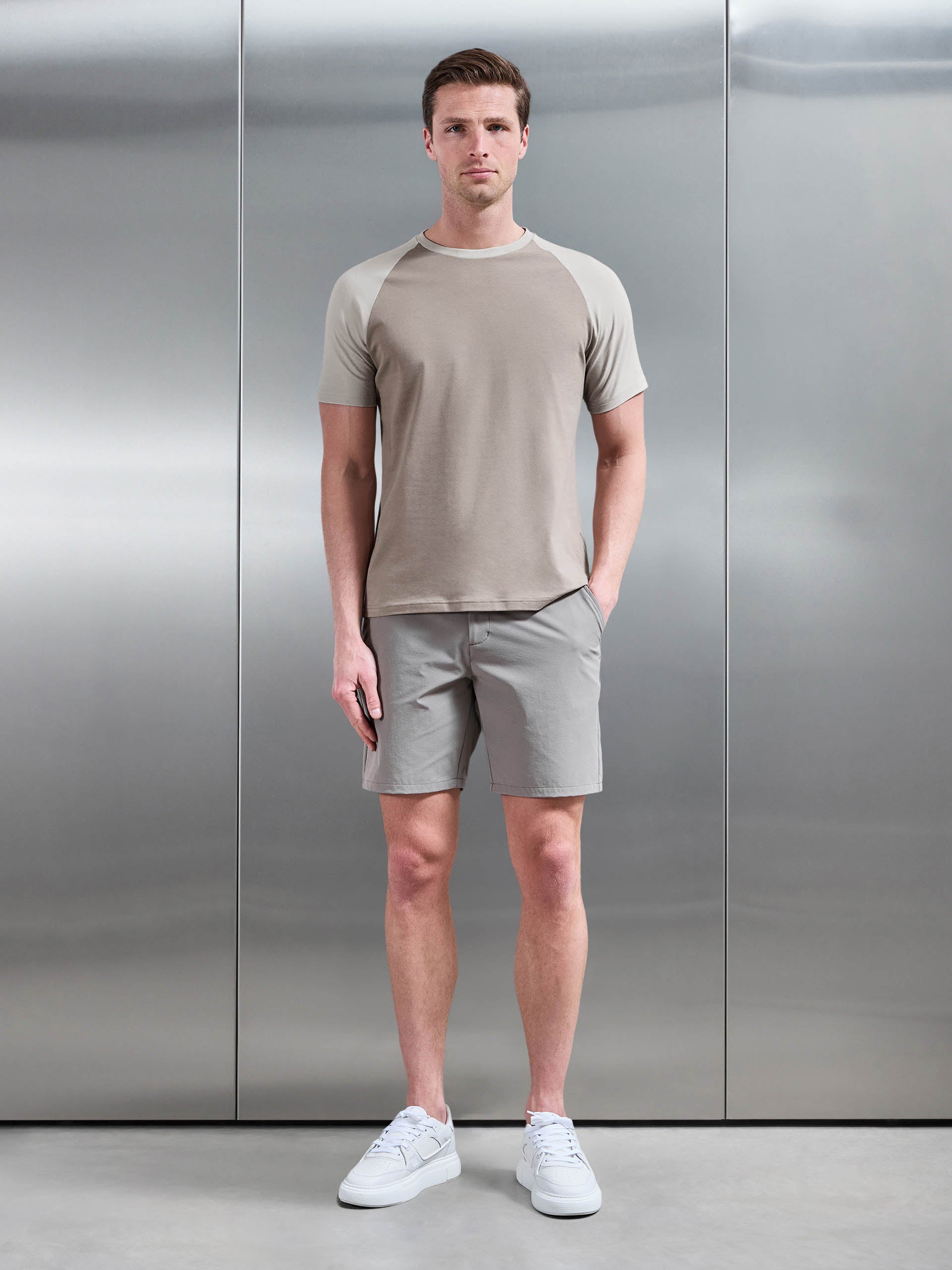 Raglan Slim Fit Stretch Cotton T-Shirt in Taupe Stone