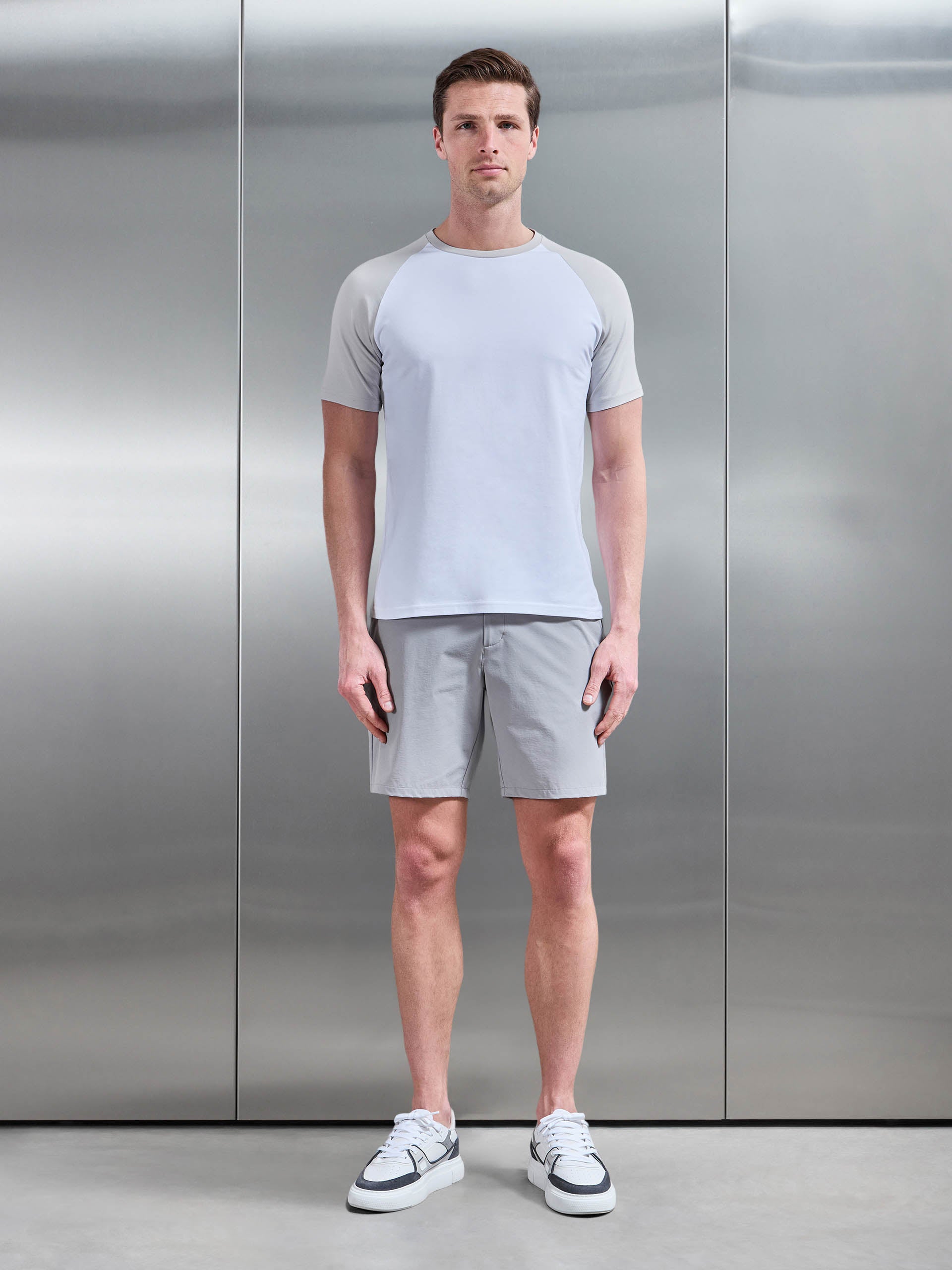 Raglan Slim Fit Stretch Cotton T-Shirt in White Mid Grey