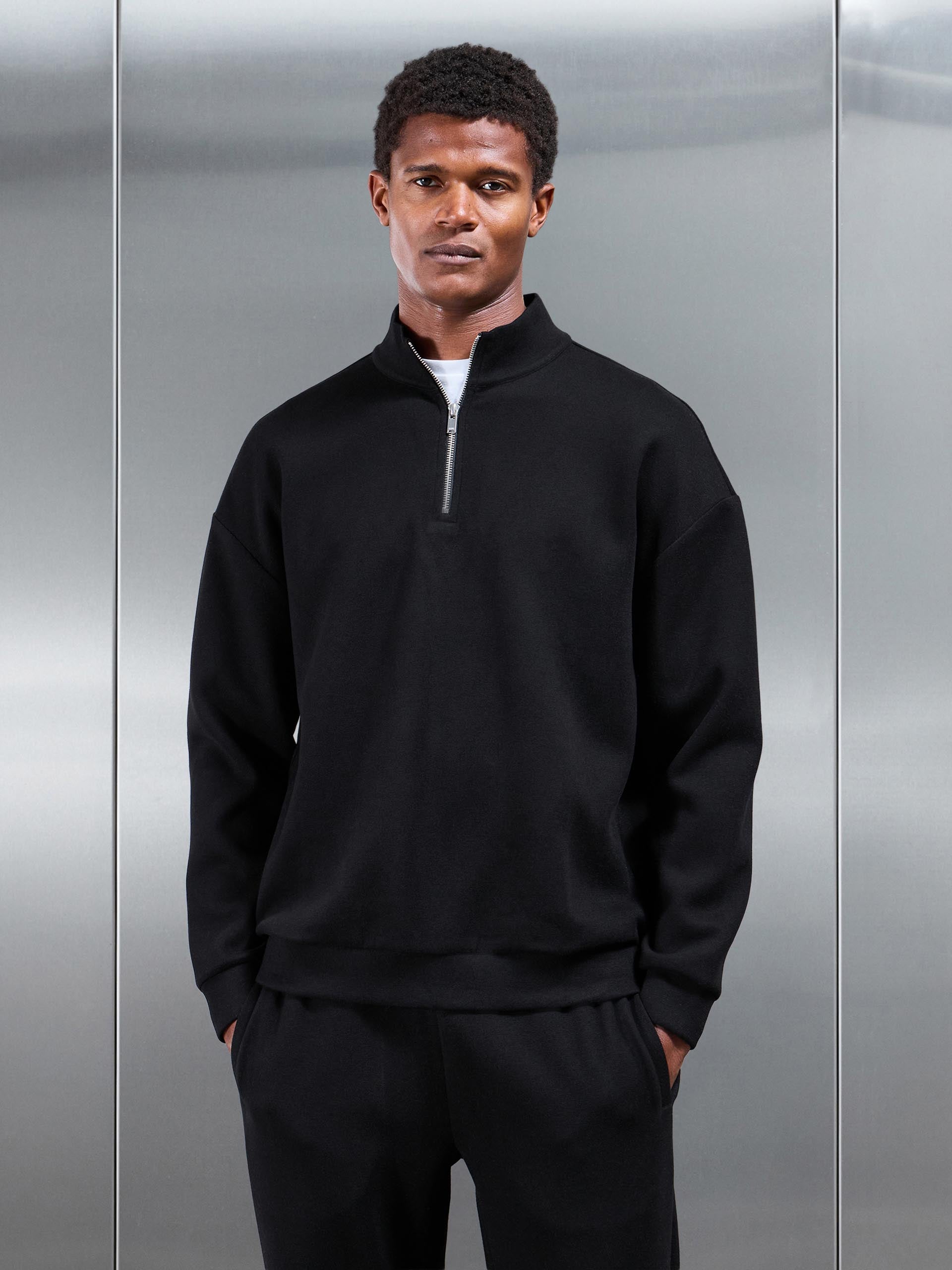 Relaxed Fit Knitted Half Zip in Black
