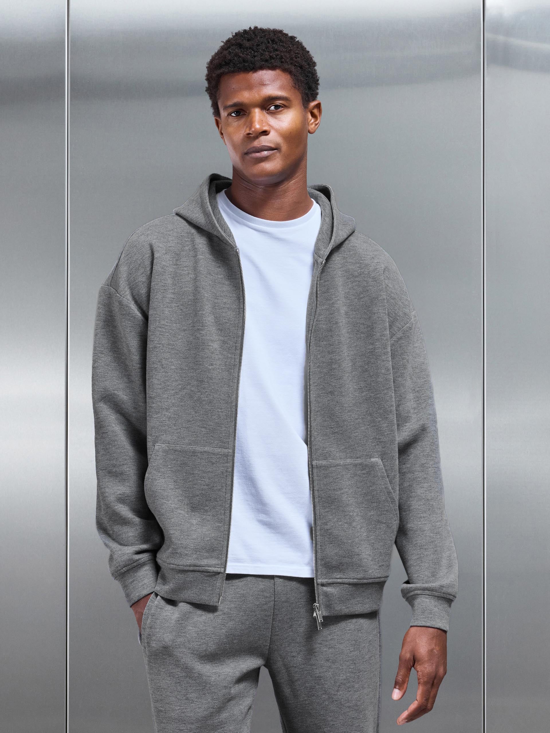 Relaxed Fit Knitted Zip Through Hoodie in Charcoal Marl