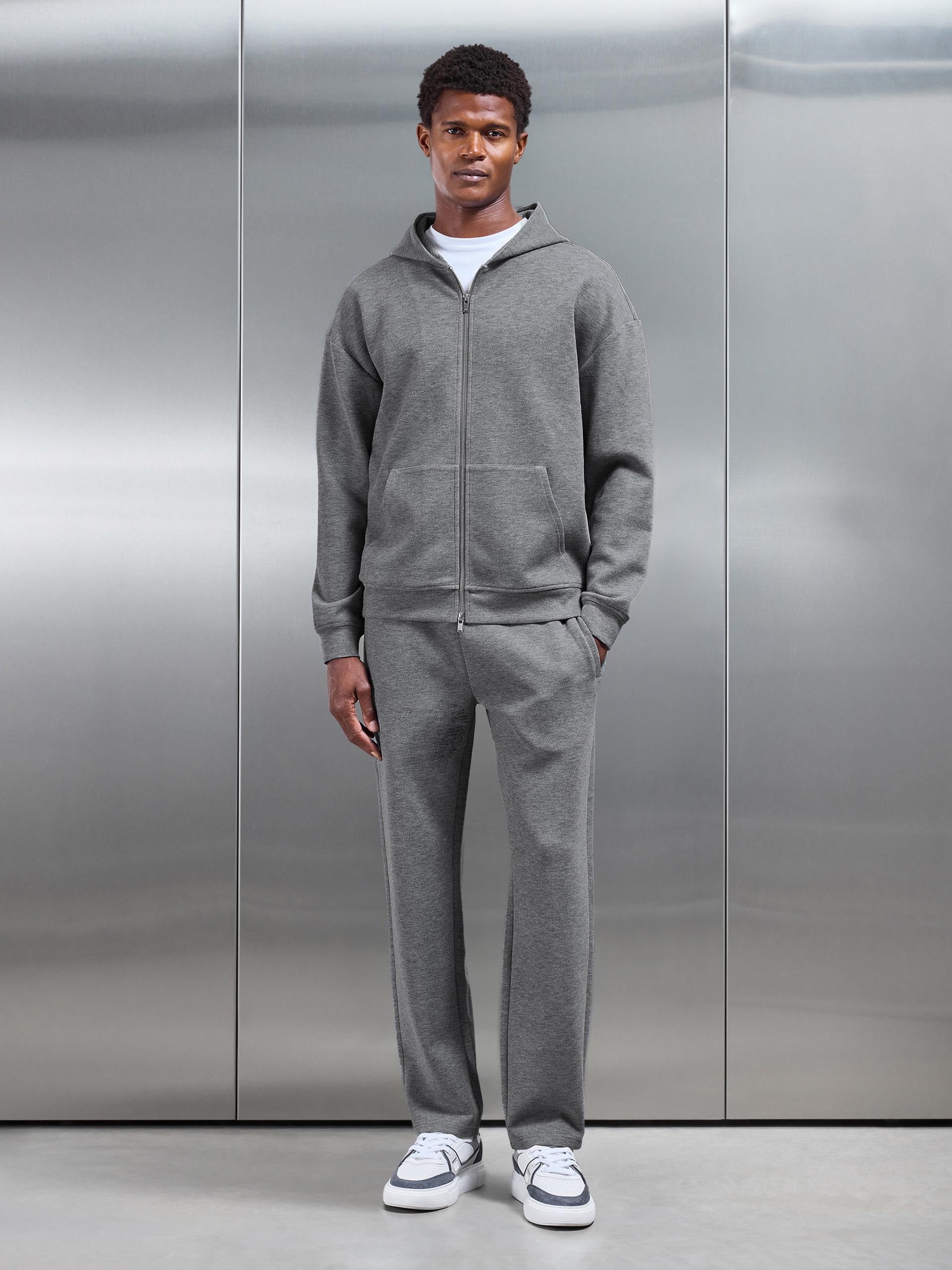 Relaxed Fit Knitted Zip Through Hoodie in Charcoal Marl