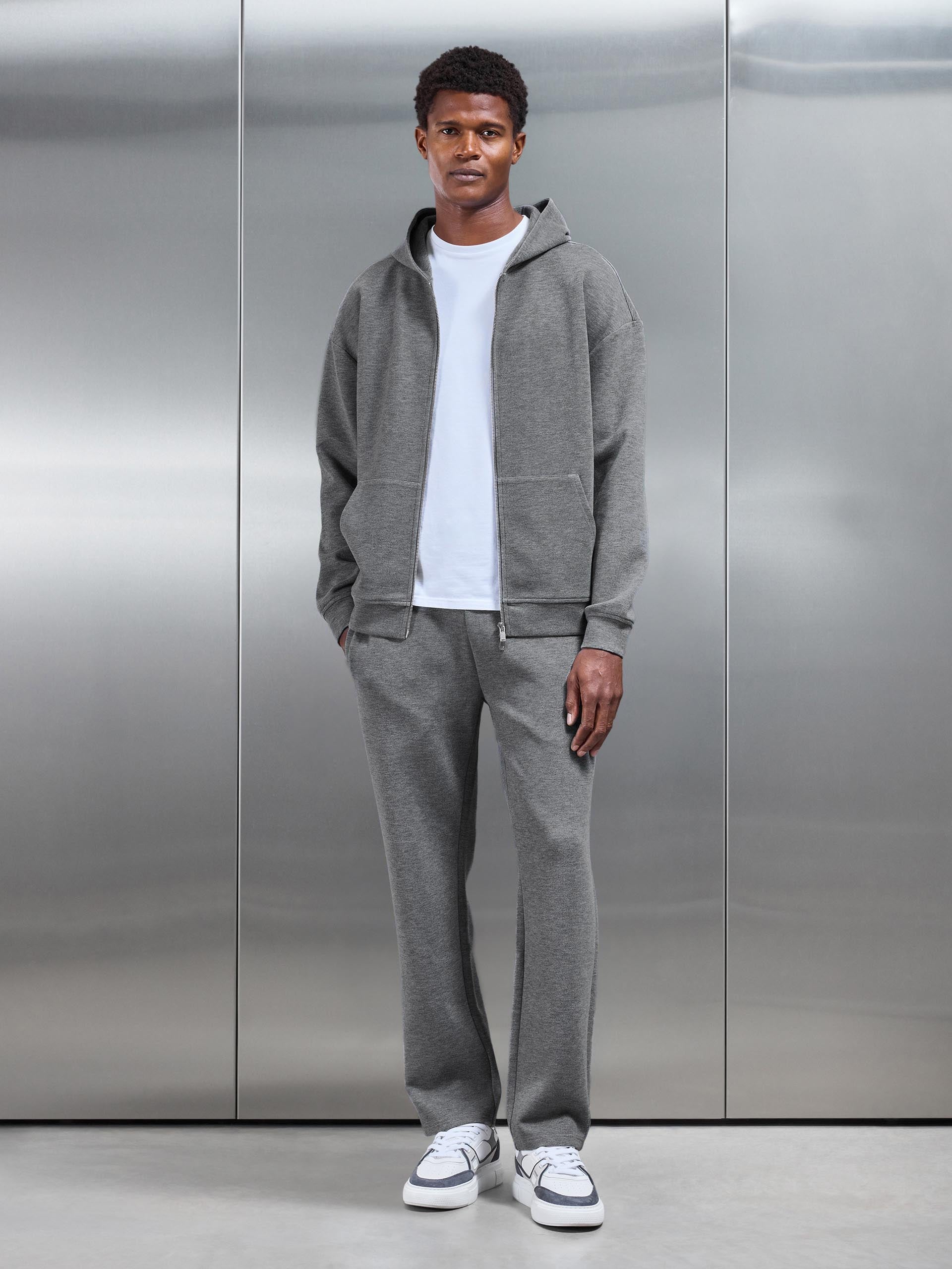 Relaxed Fit Knitted Zip Through Hoodie in Charcoal Marl