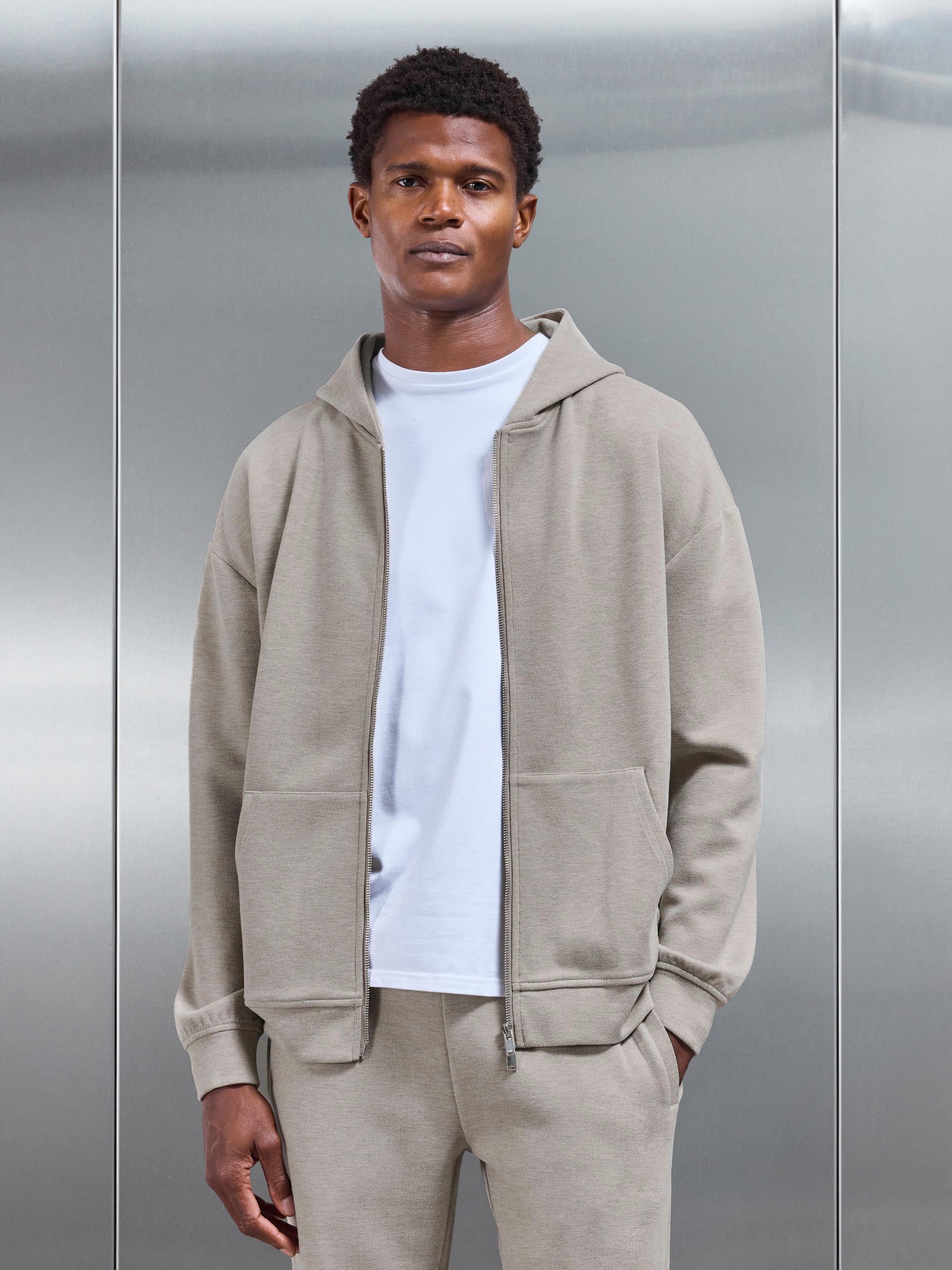 Relaxed Fit Knitted Zip Through Hoodie in Stone