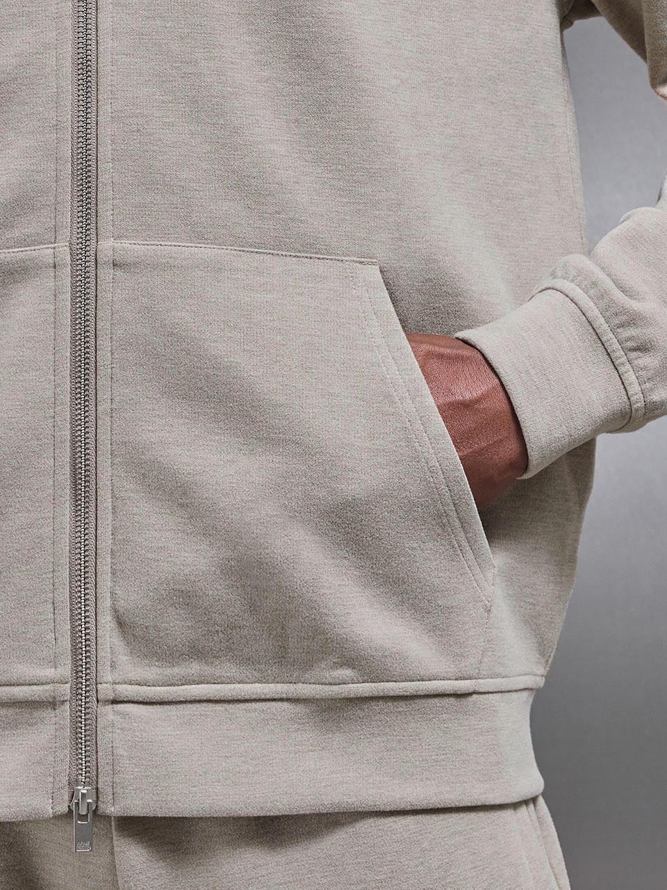 Relaxed Fit Knitted Zip Through Hoodie in Stone