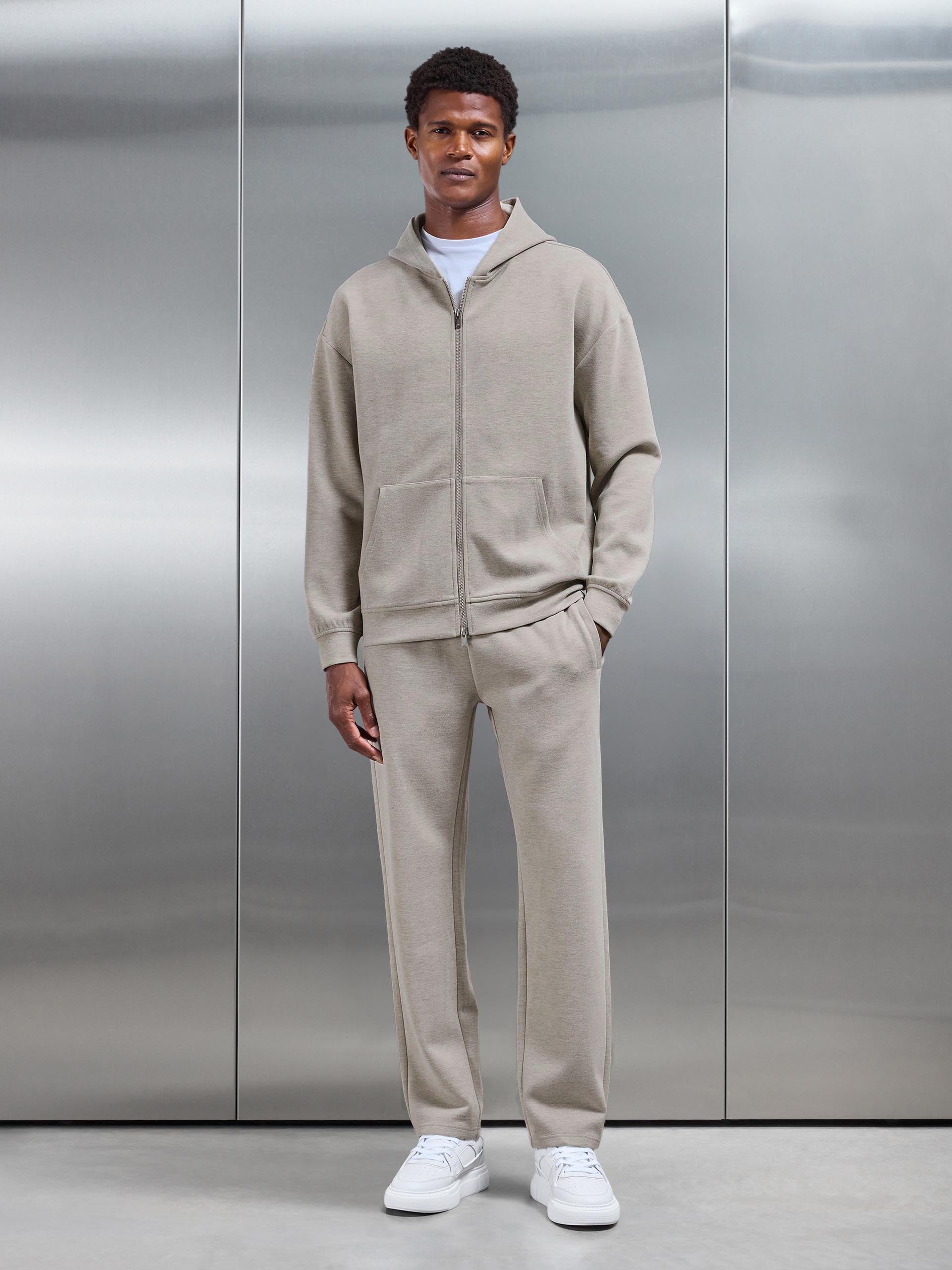 Relaxed Fit Knitted Zip Through Hoodie in Stone