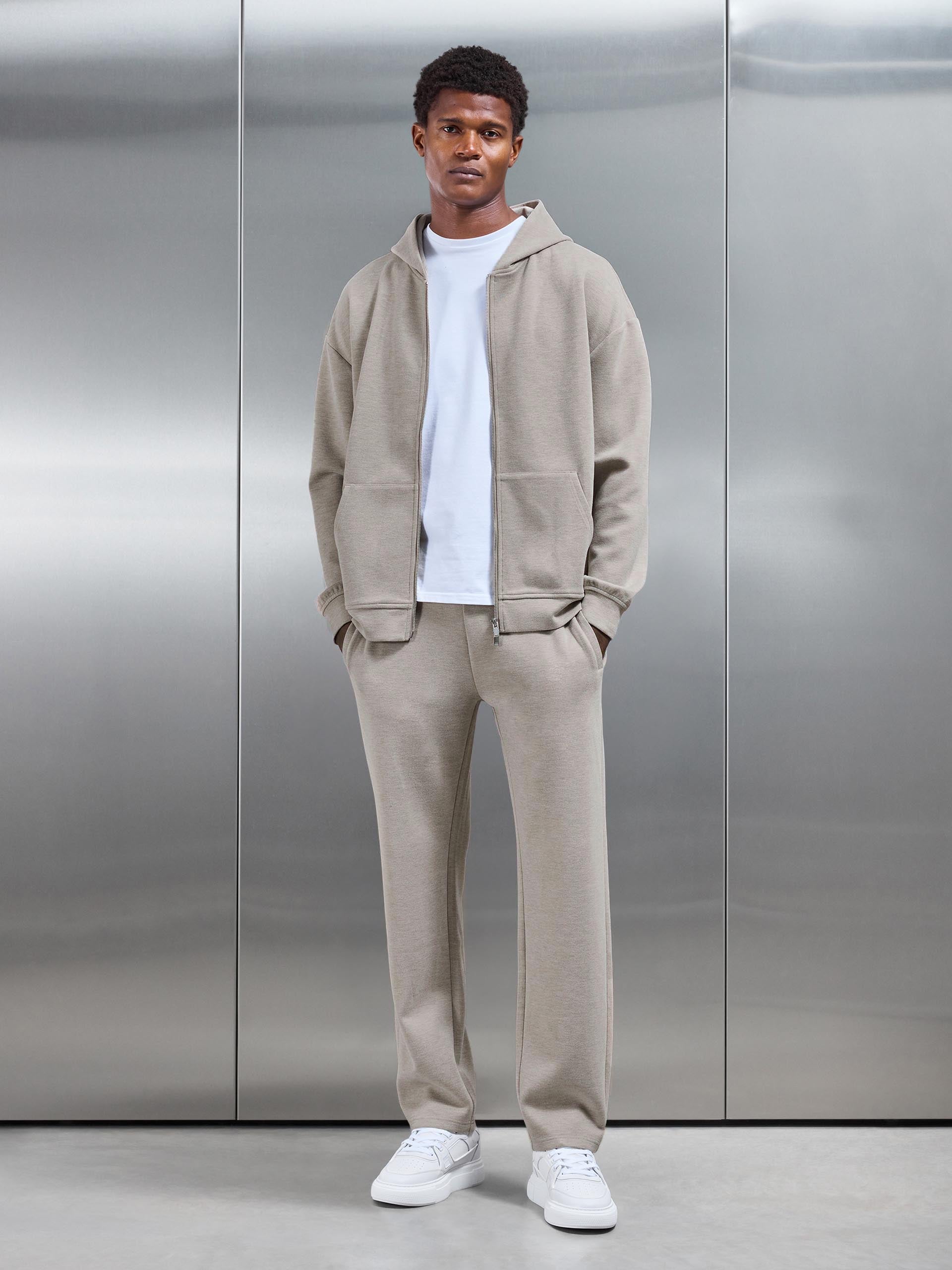 Relaxed Fit Knitted Zip Through Hoodie in Stone