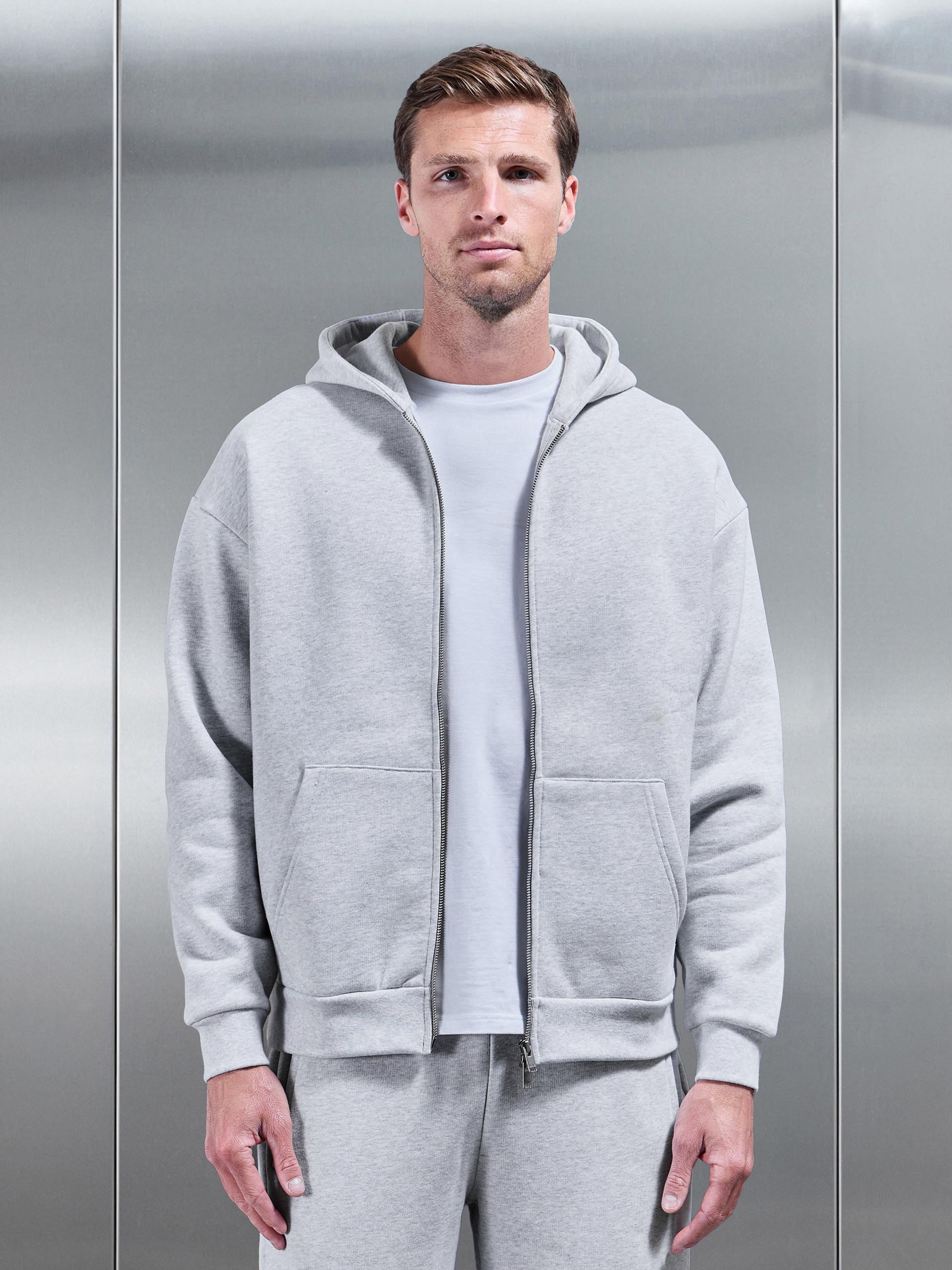 Relaxed Zip Through Hoodie in Marl Grey